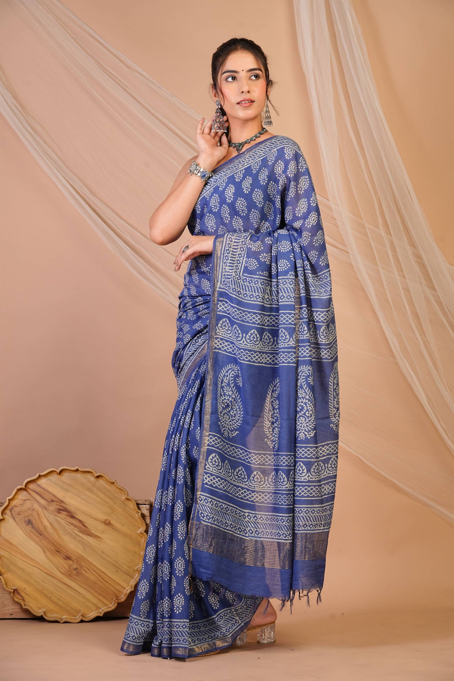 Anuttara Bhagalpuri Blue Cotton Silk (Art Silk) Abstract Saree with Unstitched Blouse_AFS1441-FS