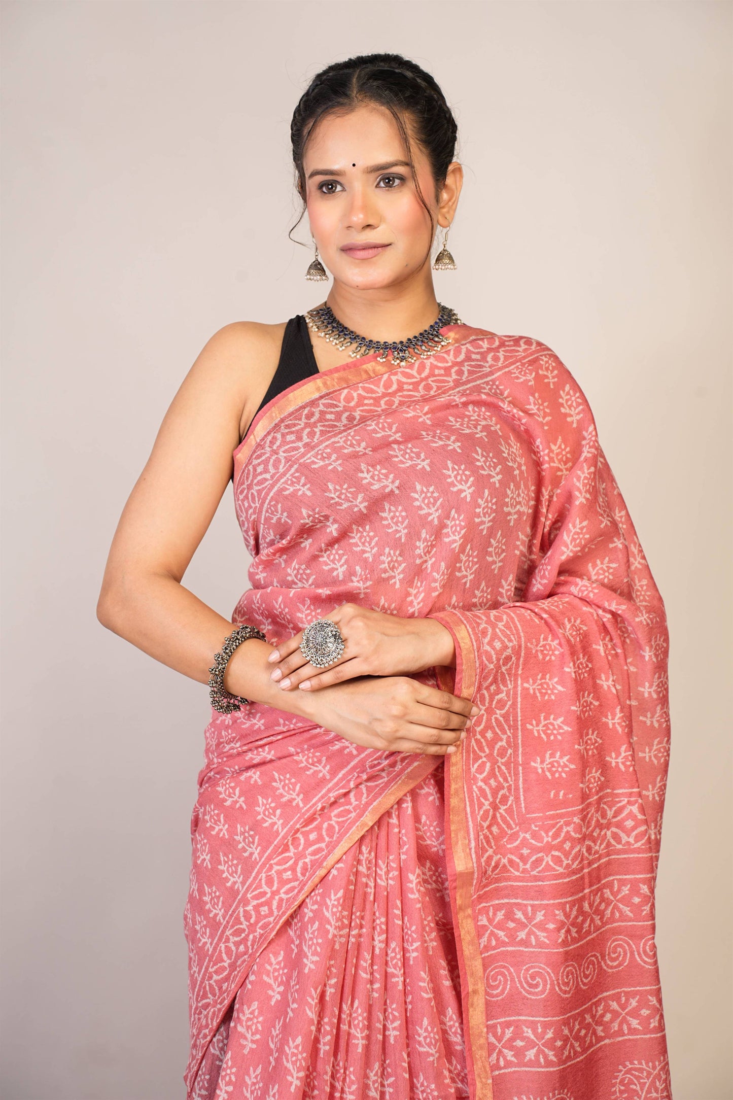Anuttara Bhagalpuri Pink Cotton Silk (Art Silk) Floral Saree with Unstitched Blouse_AFS1442-FS