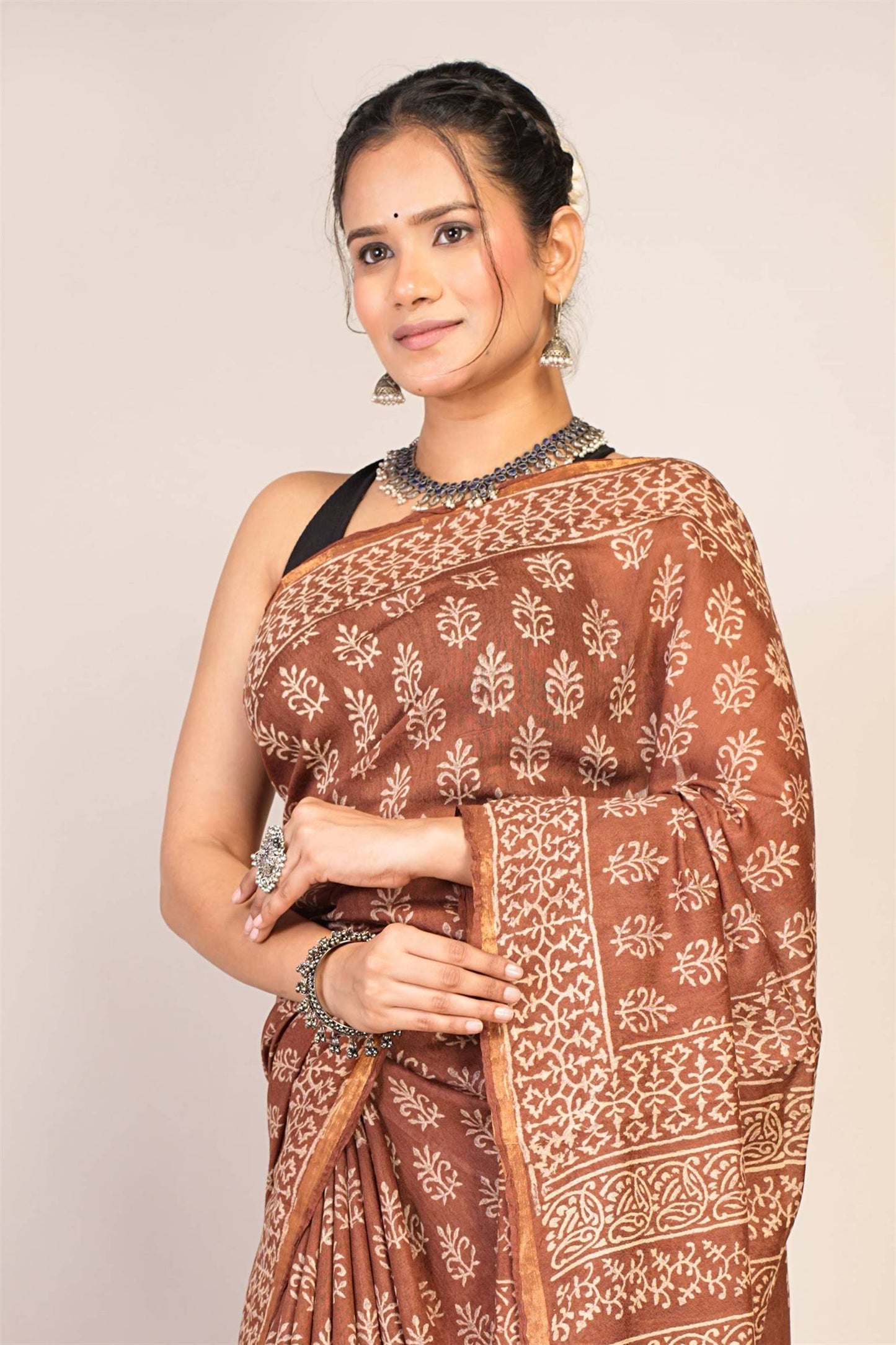 Anuttara Bhagalpuri Brown Cotton Silk (Art Silk) Floral Saree with Unstitched Blouse_AFS1443-FS