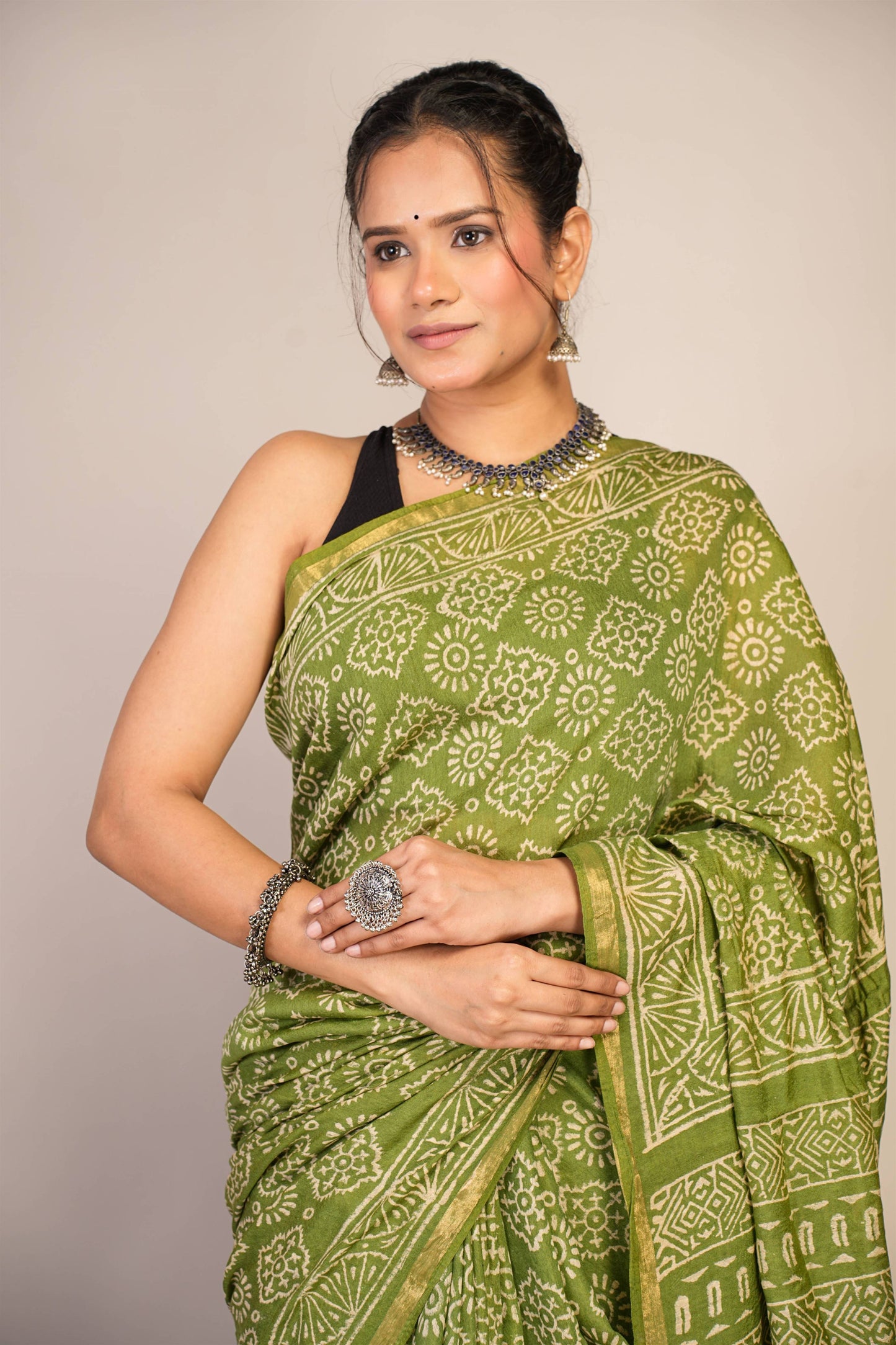 Anuttara Bhagalpuri Green Cotton Silk (Art Silk) Abstract Saree with Unstitched Blouse_AFS1444-FS
