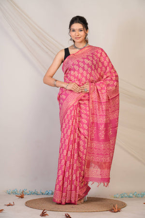 Anuttara Bhagalpuri Baby Pink Cotton Silk (Art Silk) Floral Saree with Unstitched Blouse_AFS1446-FS