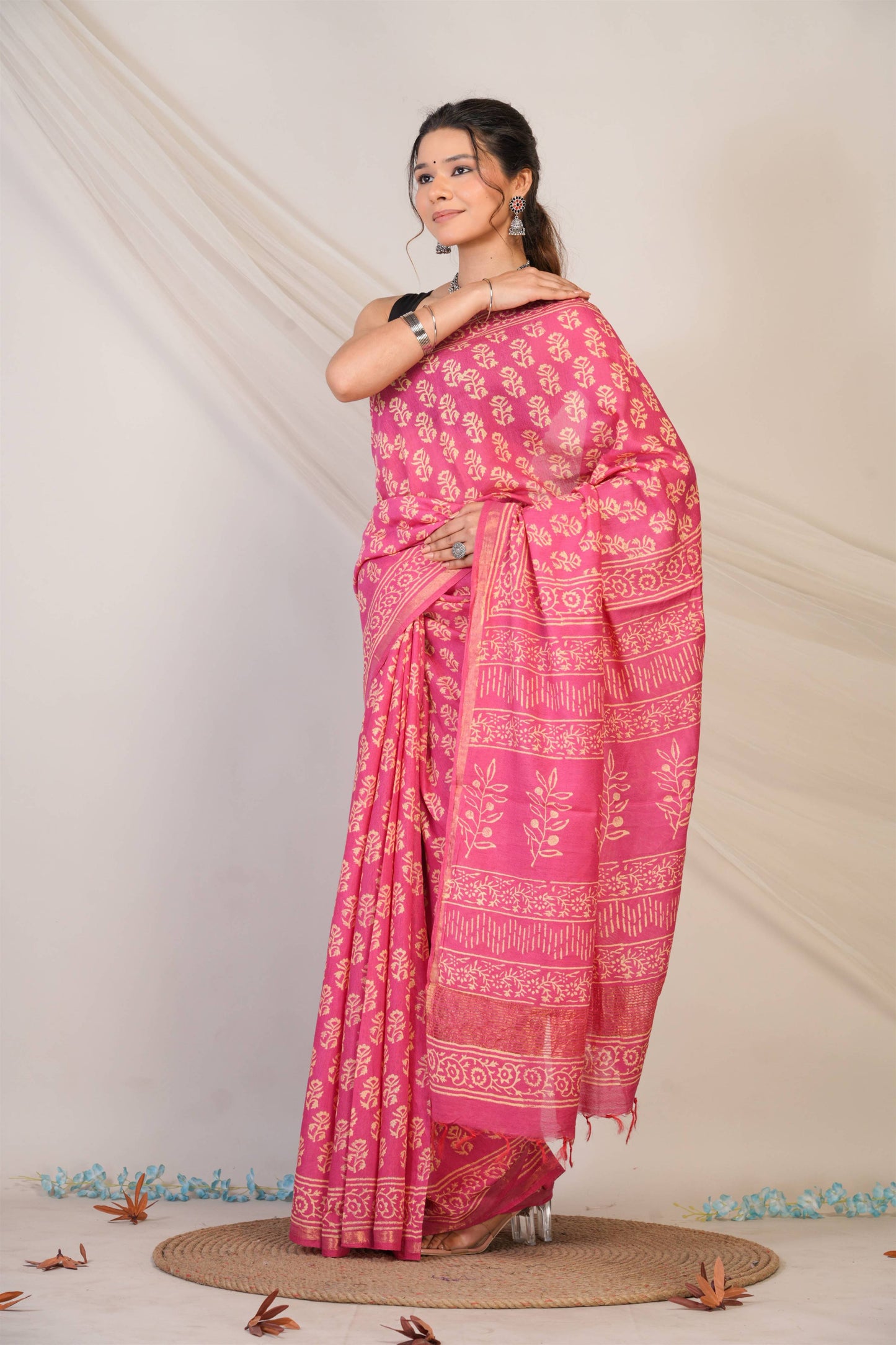 Anuttara Bhagalpuri Baby Pink Cotton Silk (Art Silk) Floral Saree with Unstitched Blouse_AFS1446-FS