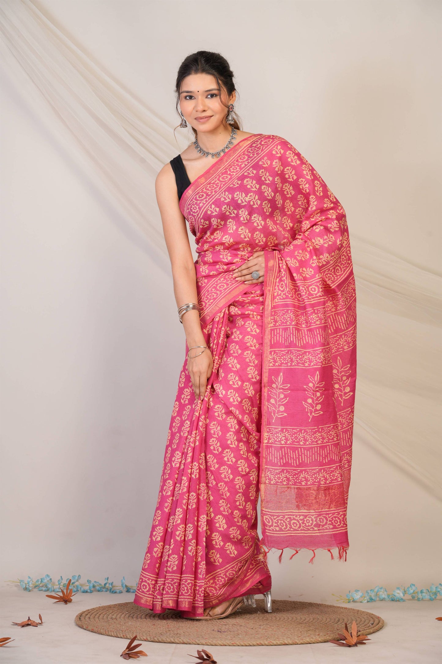 Anuttara Bhagalpuri Baby Pink Cotton Silk (Art Silk) Floral Saree with Unstitched Blouse_AFS1446-FS