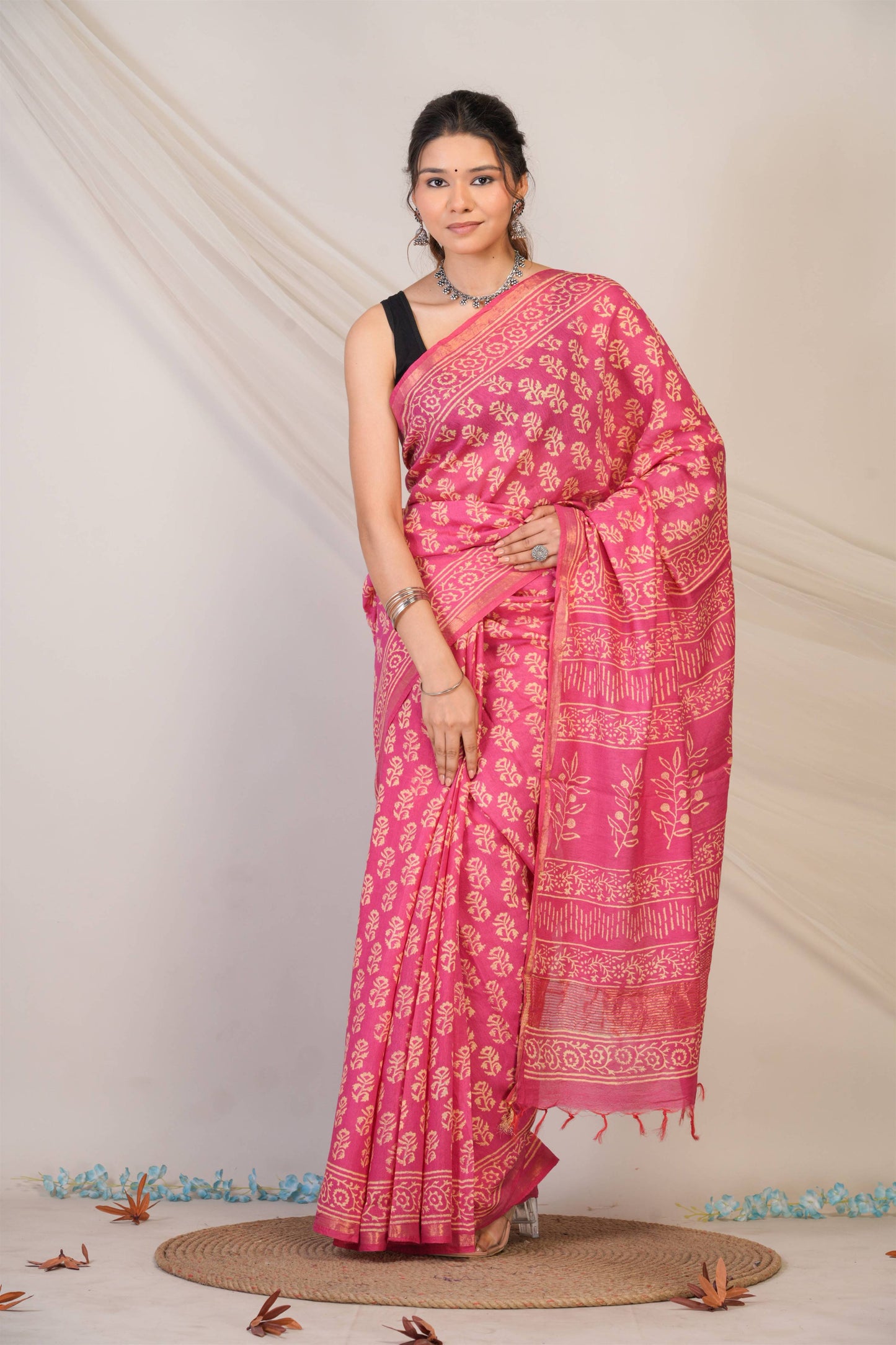 Anuttara Bhagalpuri Baby Pink Cotton Silk (Art Silk) Floral Saree with Unstitched Blouse_AFS1446-FS