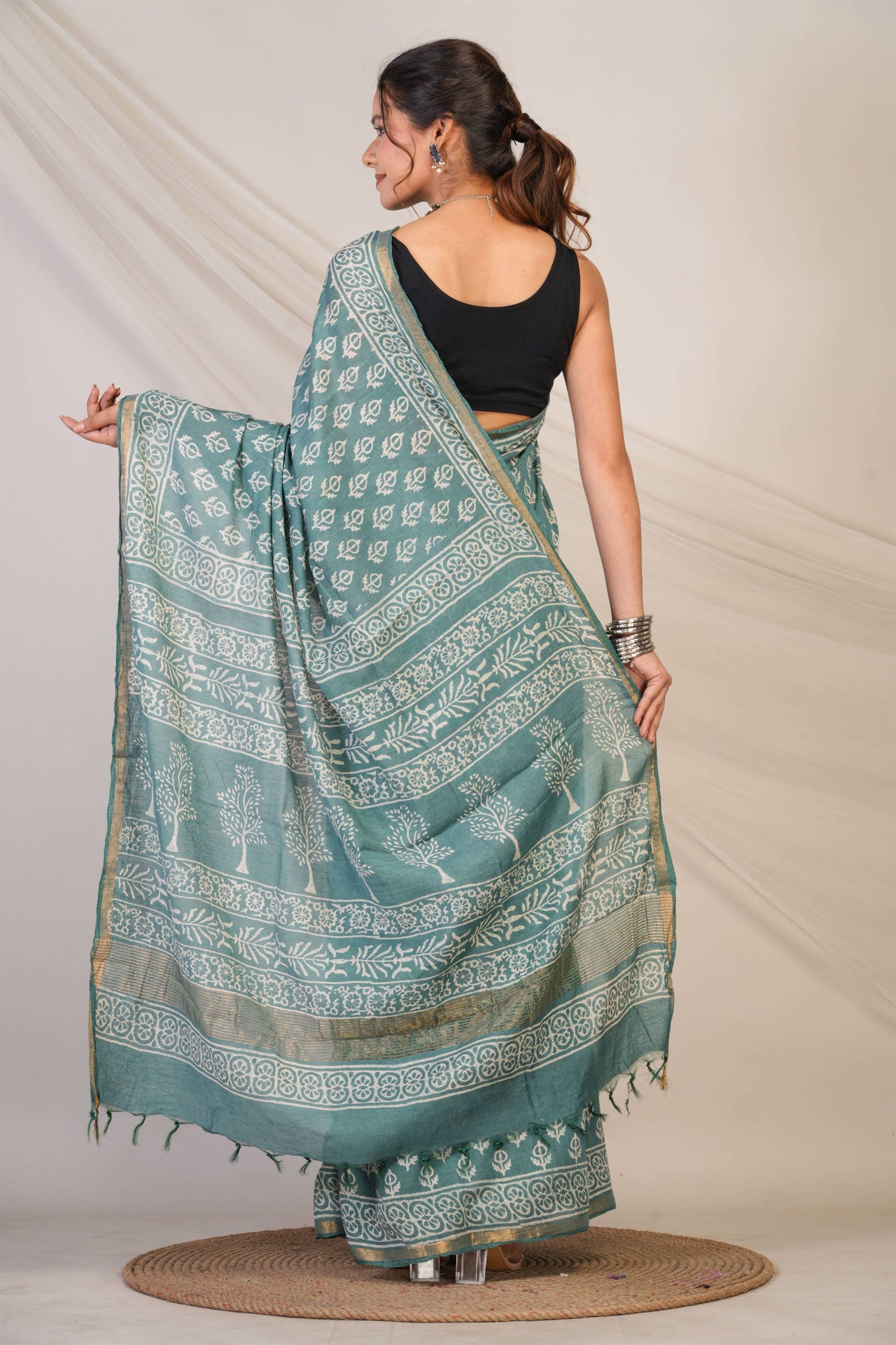 Anuttara Bhagalpuri Teal Green Cotton Silk (Art Silk) Abstract Saree with Unstitched Blouse_AFS1449-FS