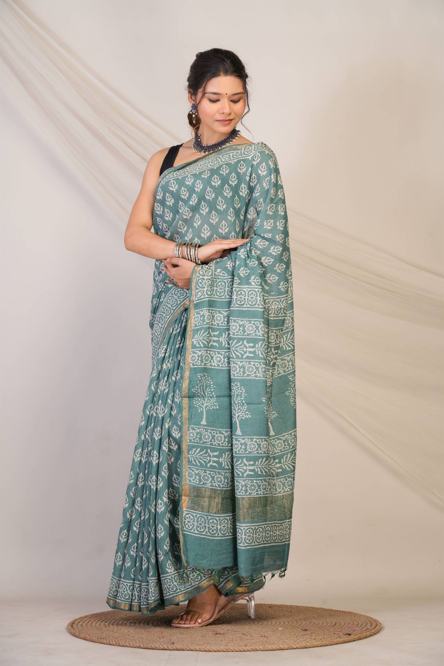 Anuttara Bhagalpuri Teal Green Cotton Silk (Art Silk) Abstract Saree with Unstitched Blouse_AFS1449-FS
