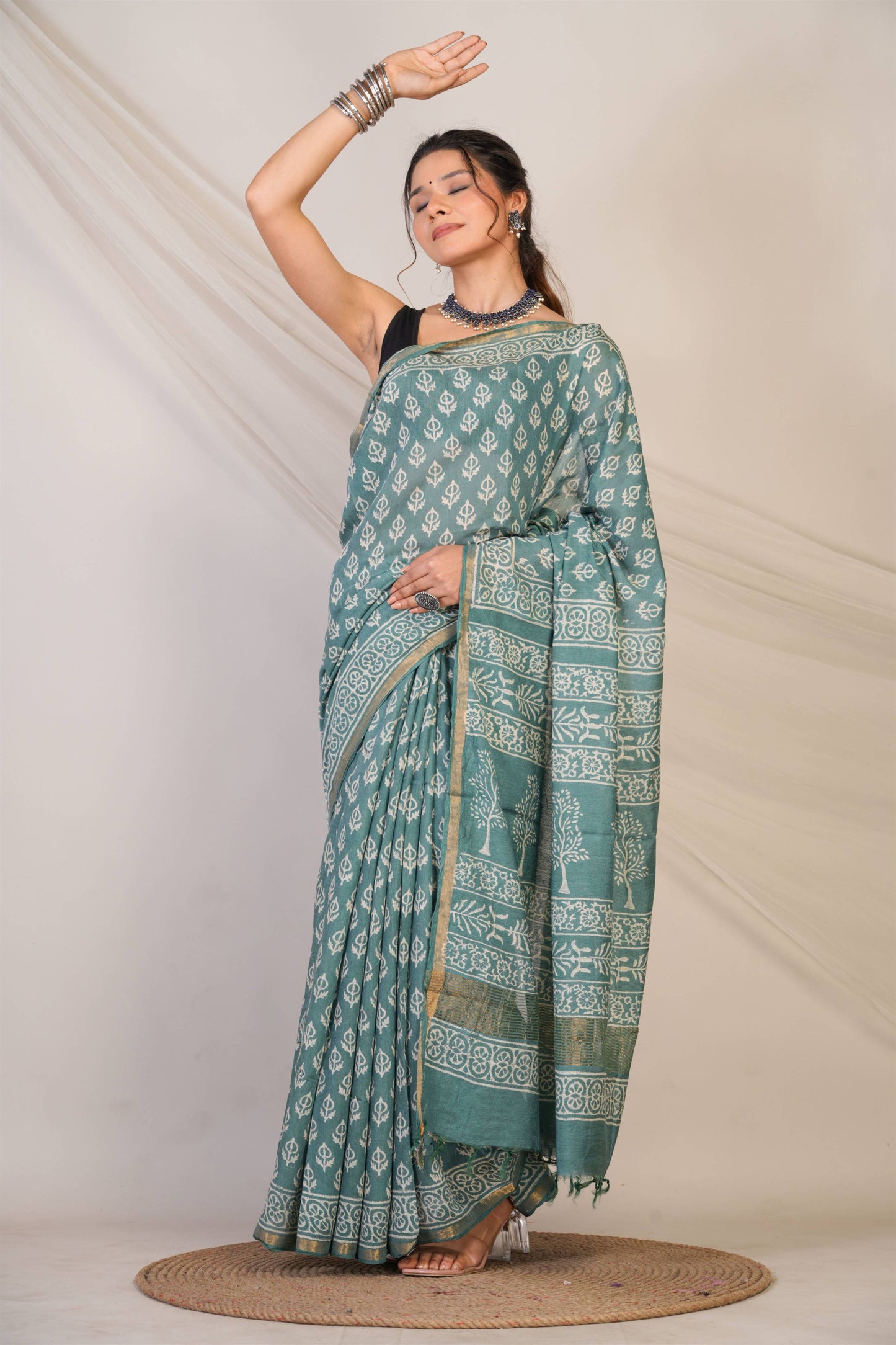 Anuttara Bhagalpuri Teal Green Cotton Silk (Art Silk) Abstract Saree with Unstitched Blouse_AFS1449-FS