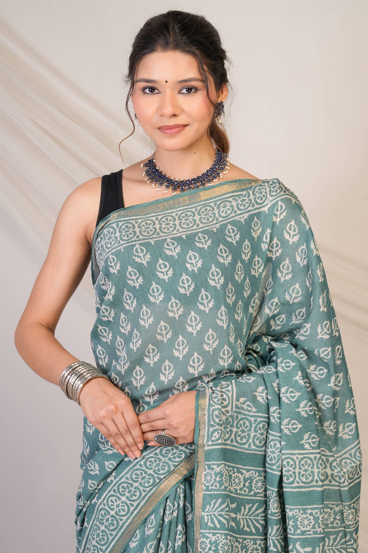 Anuttara Bhagalpuri Teal Green Cotton Silk (Art Silk) Abstract Saree with Unstitched Blouse_AFS1449-FS