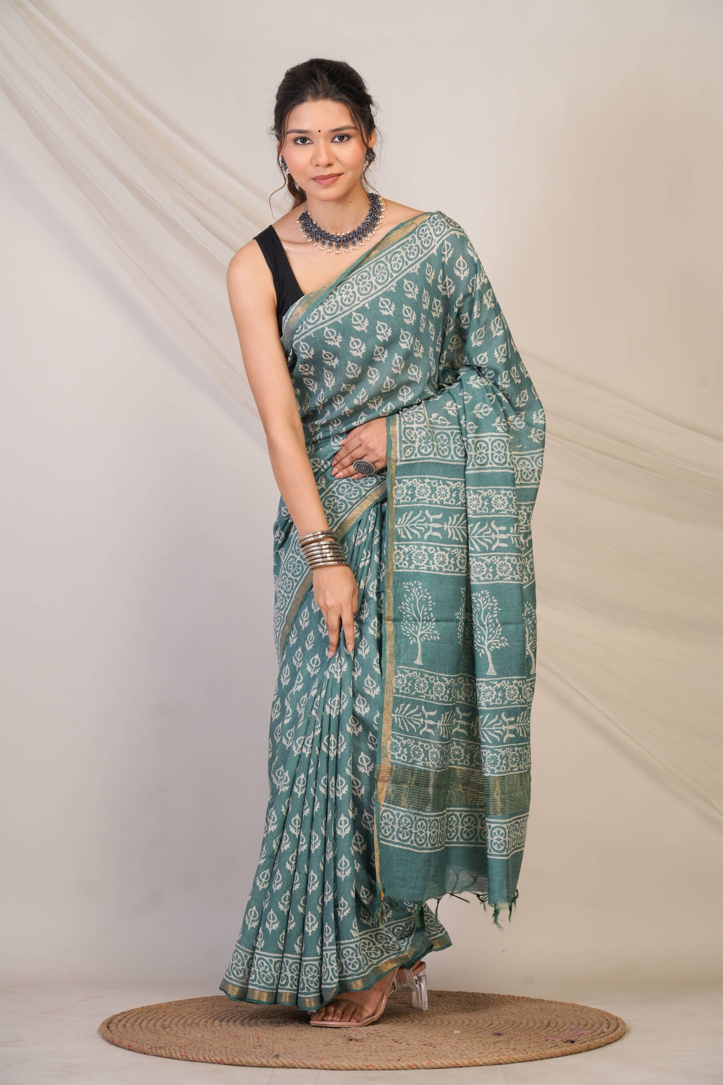 Anuttara Bhagalpuri Teal Green Cotton Silk (Art Silk) Abstract Saree with Unstitched Blouse_AFS1449-FS
