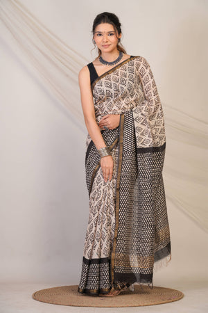 Anuttara Bhagalpuri Beige::Black Cotton Silk (Art Silk) Abstract Saree with Unstitched Blouse_AFS1450-FS