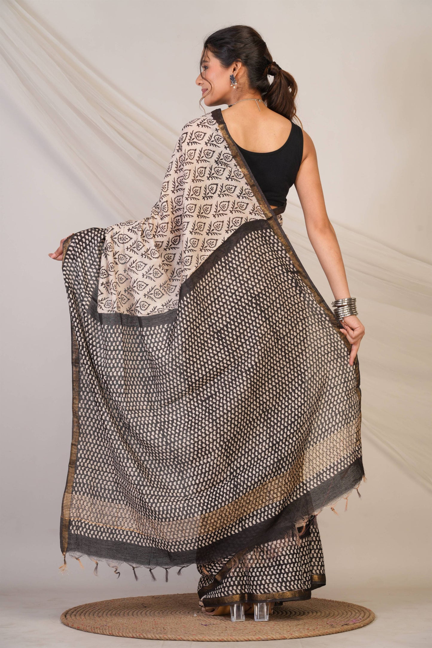 Anuttara Bhagalpuri Beige::Black Cotton Silk (Art Silk) Abstract Saree with Unstitched Blouse_AFS1450-FS