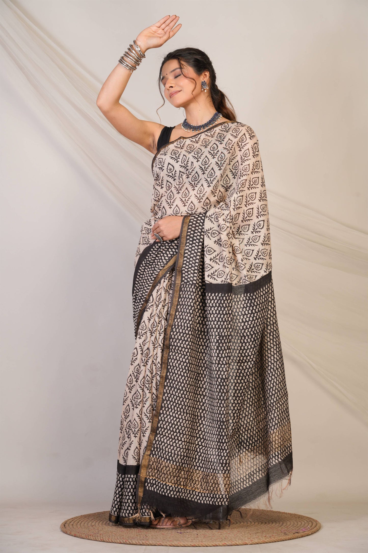 Anuttara Bhagalpuri Beige::Black Cotton Silk (Art Silk) Abstract Saree with Unstitched Blouse_AFS1450-FS