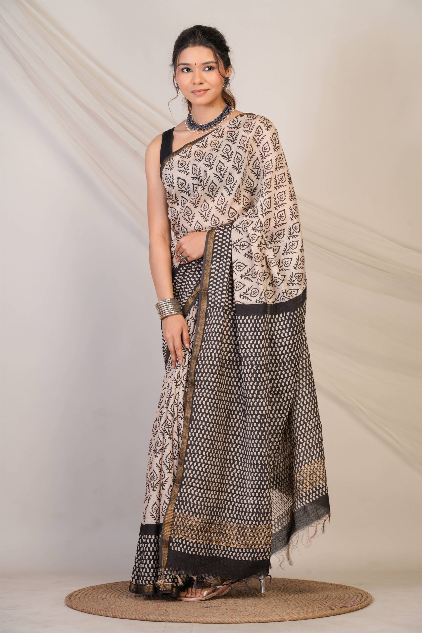 Anuttara Bhagalpuri Beige::Black Cotton Silk (Art Silk) Abstract Saree with Unstitched Blouse_AFS1450-FS