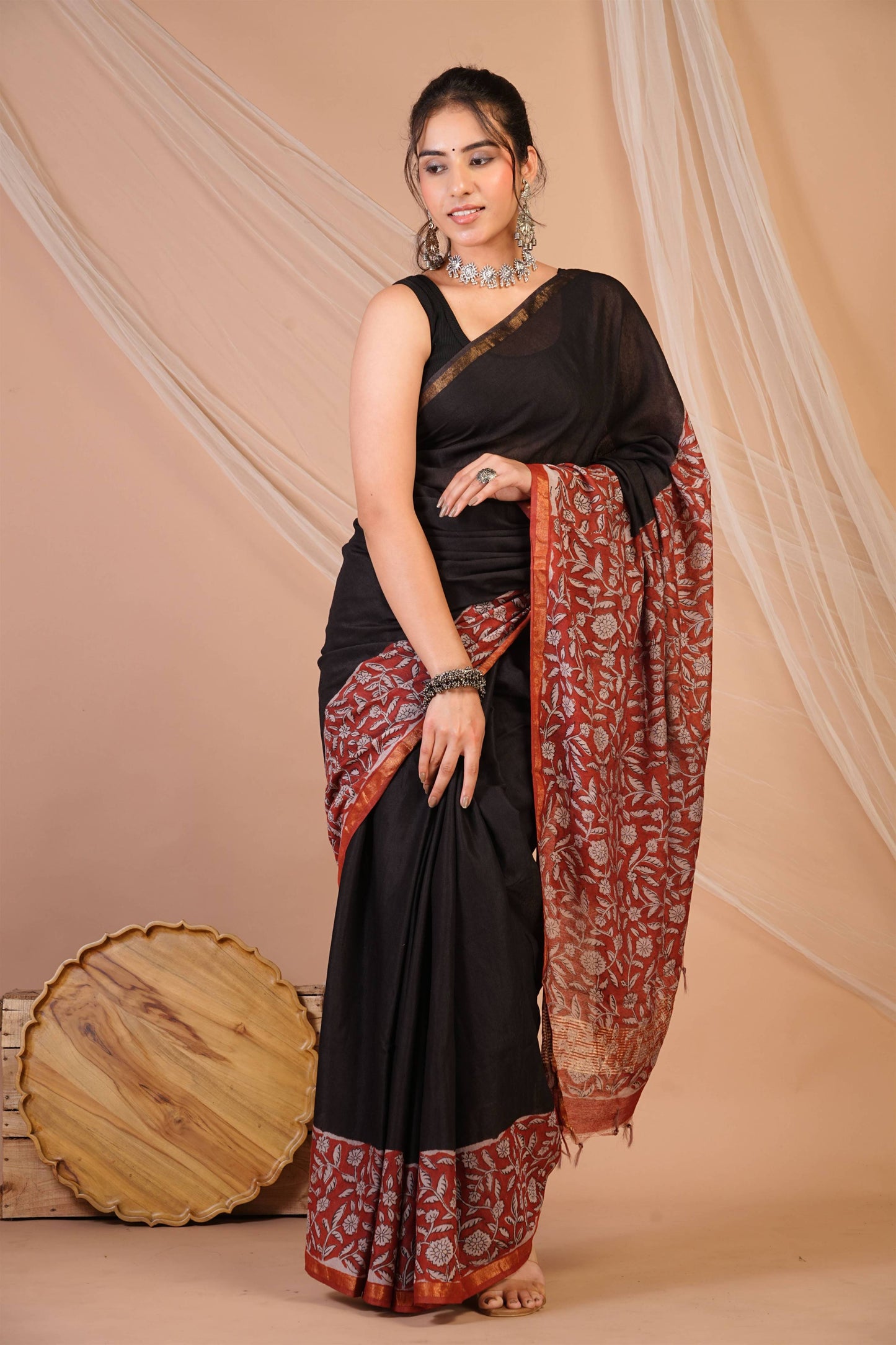 Anuttara Bhagalpuri Black::Red Cotton Silk (Art Silk) Floral Saree with Unstitched Blouse_AFS1451-FS
