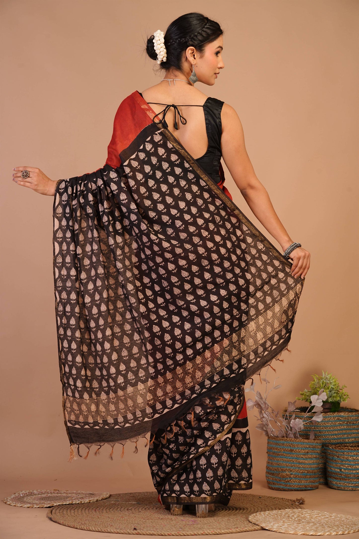 Anuttara Bhagalpuri Red::Black Cotton Silk (Art Silk) Floral Saree with Unstitched Blouse_AFS1454-FS