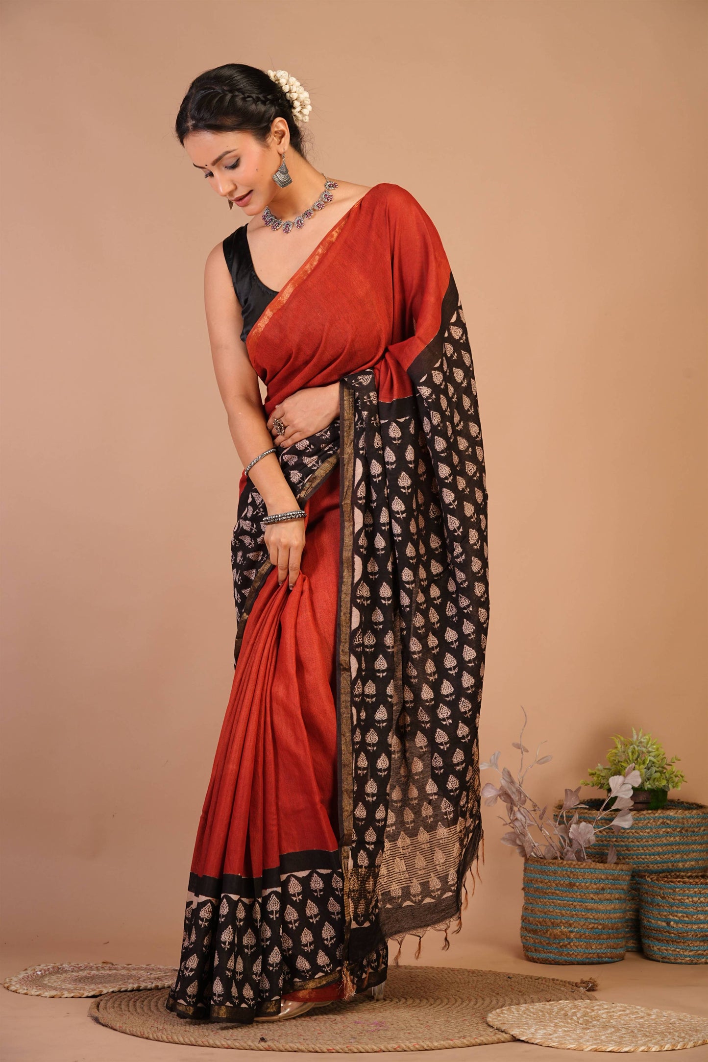 Anuttara Bhagalpuri Red::Black Cotton Silk (Art Silk) Floral Saree with Unstitched Blouse_AFS1454-FS