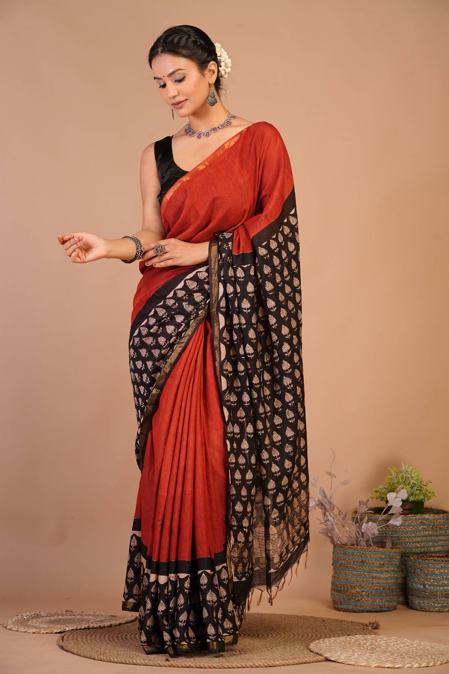 Anuttara Bhagalpuri Red::Black Cotton Silk (Art Silk) Floral Saree with Unstitched Blouse_AFS1454-FS