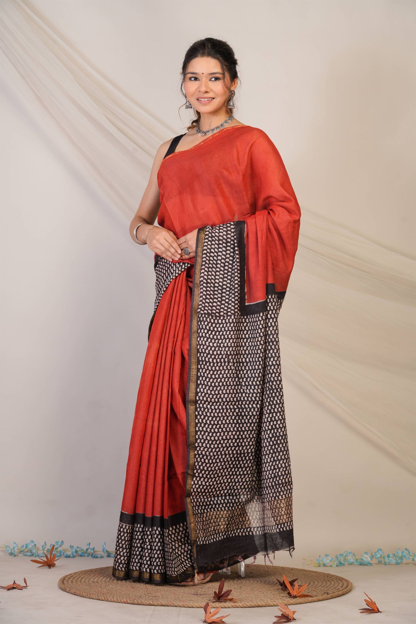 Anuttara Bhagalpuri Red::Black Cotton Silk (Art Silk) Printed Saree with Unstitched Blouse_AFS1455-FS