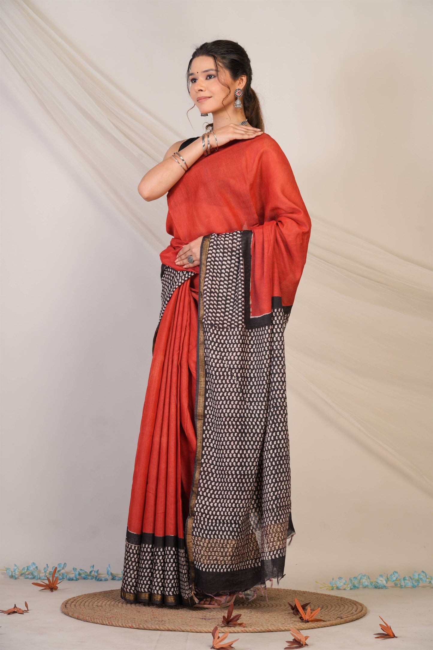 Anuttara Bhagalpuri Red::Black Cotton Silk (Art Silk) Printed Saree with Unstitched Blouse_AFS1455-FS