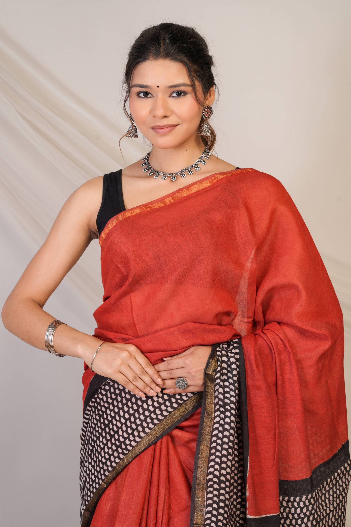 Anuttara Bhagalpuri Red::Black Cotton Silk (Art Silk) Printed Saree with Unstitched Blouse_AFS1455-FS
