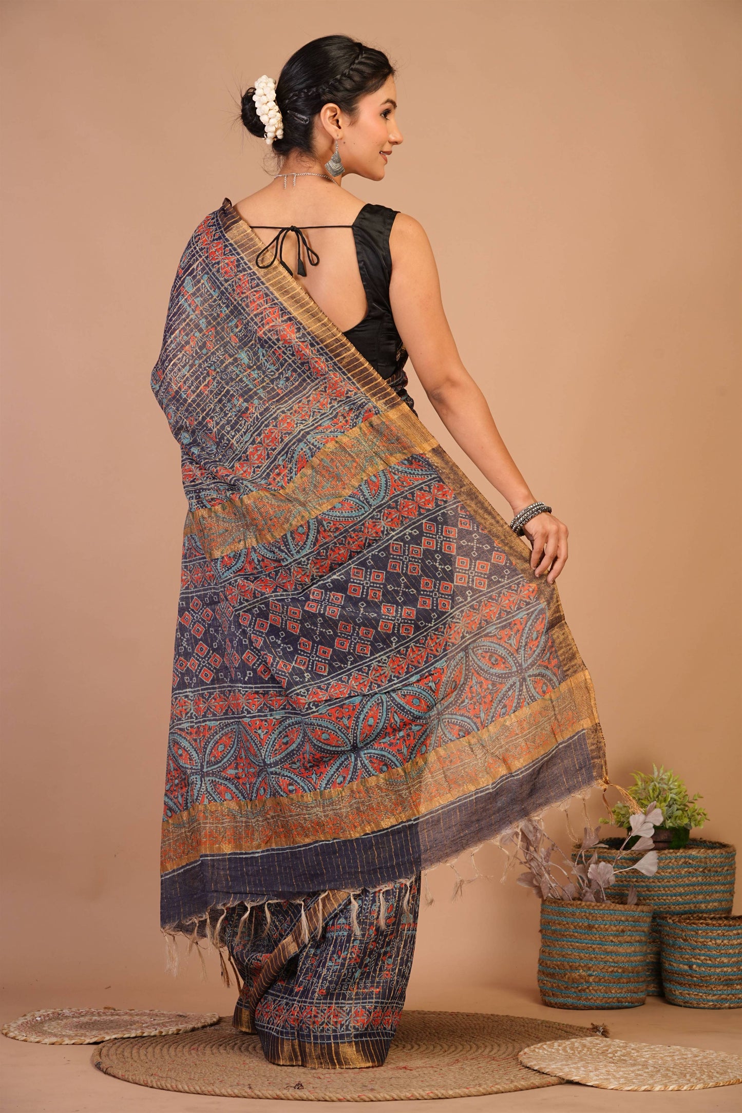 Anuttara Bhagalpuri Navy Blue Cotton Silk (Art Silk) Ajrakh Saree with Unstitched Blouse_AFS1456-FS