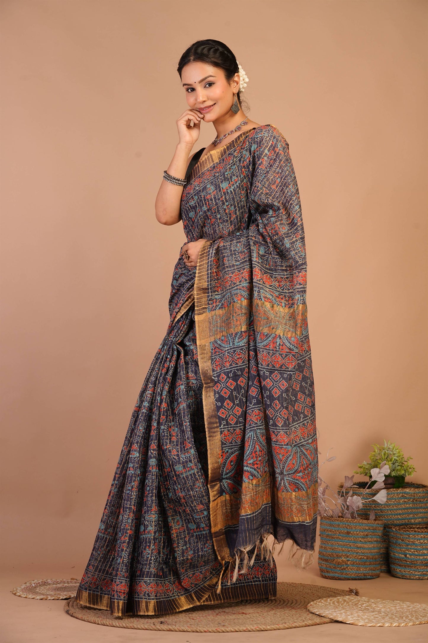 Anuttara Bhagalpuri Navy Blue Cotton Silk (Art Silk) Ajrakh Saree with Unstitched Blouse_AFS1456-FS