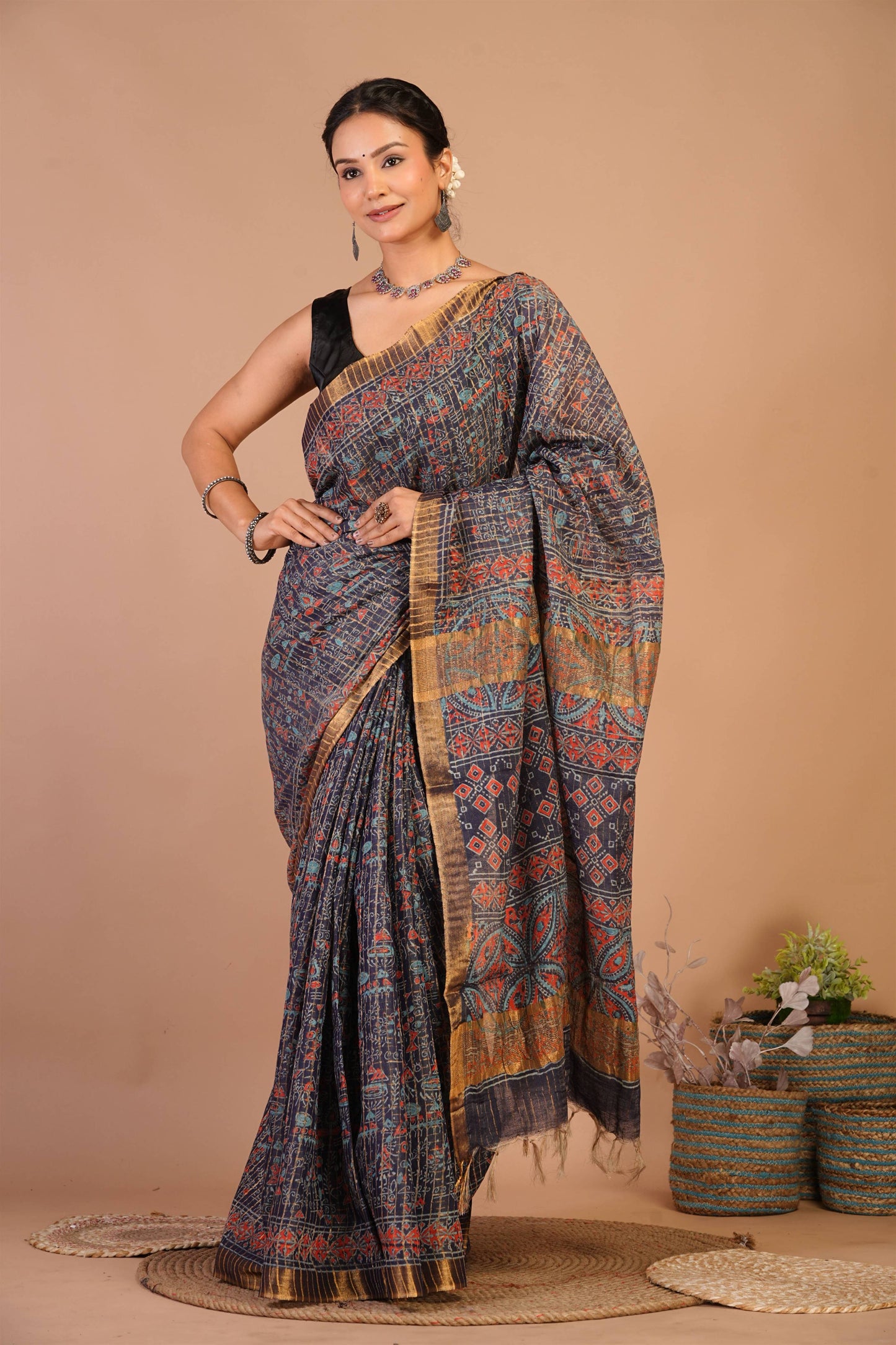 Anuttara Bhagalpuri Navy Blue Cotton Silk (Art Silk) Ajrakh Saree with Unstitched Blouse_AFS1456-FS