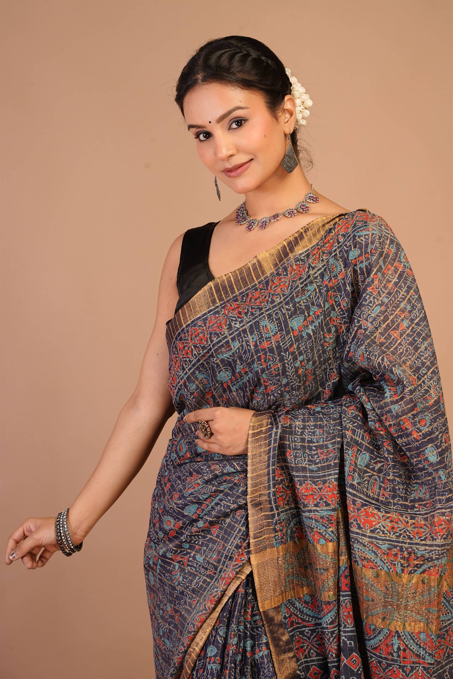 Anuttara Bhagalpuri Navy Blue Cotton Silk (Art Silk) Ajrakh Saree with Unstitched Blouse_AFS1456-FS