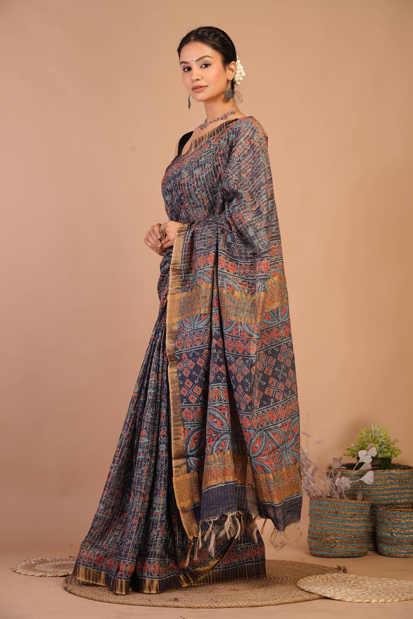 Anuttara Bhagalpuri Navy Blue Cotton Silk (Art Silk) Ajrakh Saree with Unstitched Blouse_AFS1456-FS