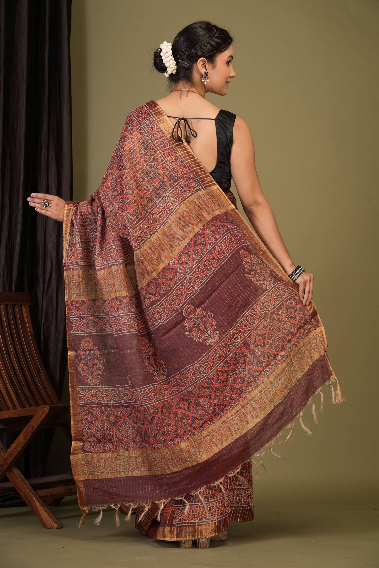 Anuttara Bhagalpuri Maroon Cotton Silk (Art Silk) Ajrakh Saree with Unstitched Blouse_AFS1457-FS