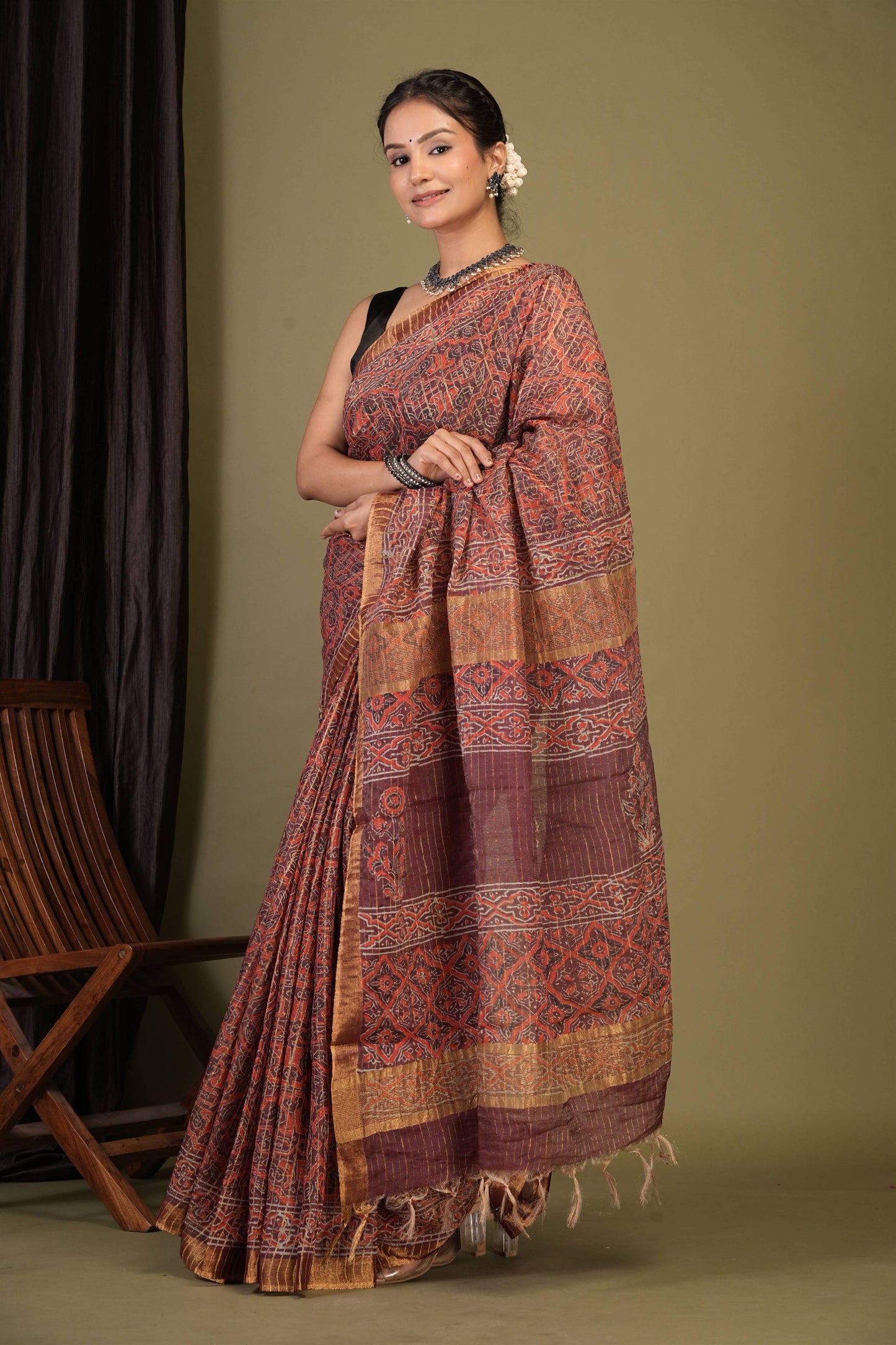 Anuttara Bhagalpuri Maroon Cotton Silk (Art Silk) Ajrakh Saree with Unstitched Blouse_AFS1457-FS