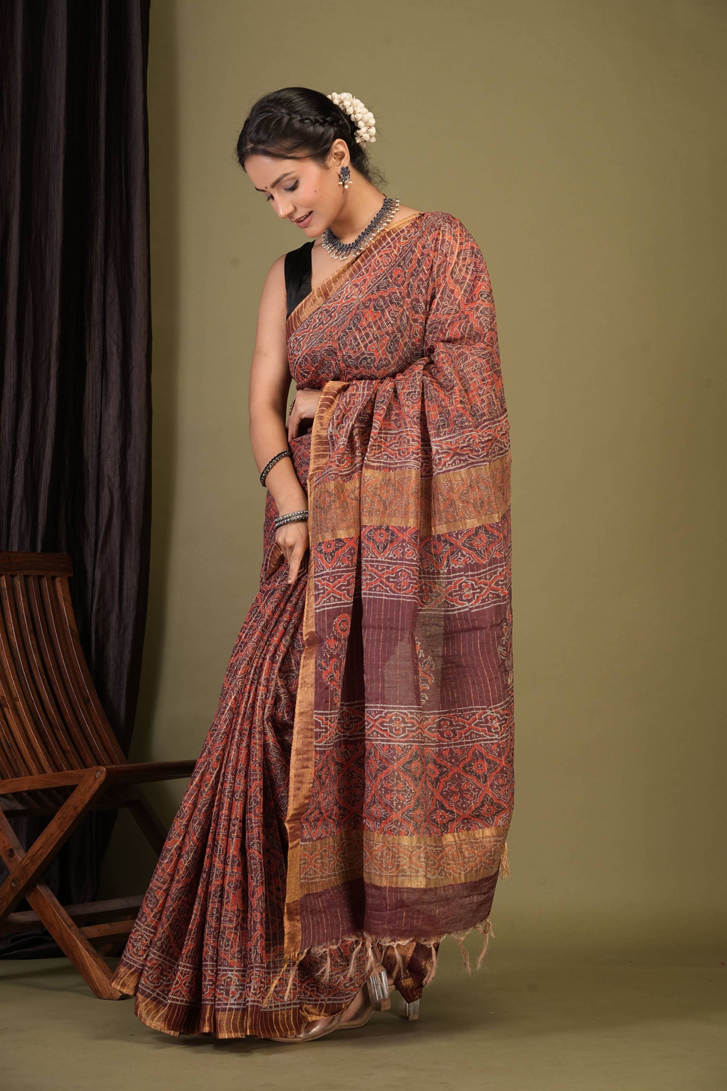 Anuttara Bhagalpuri Maroon Cotton Silk (Art Silk) Ajrakh Saree with Unstitched Blouse_AFS1457-FS