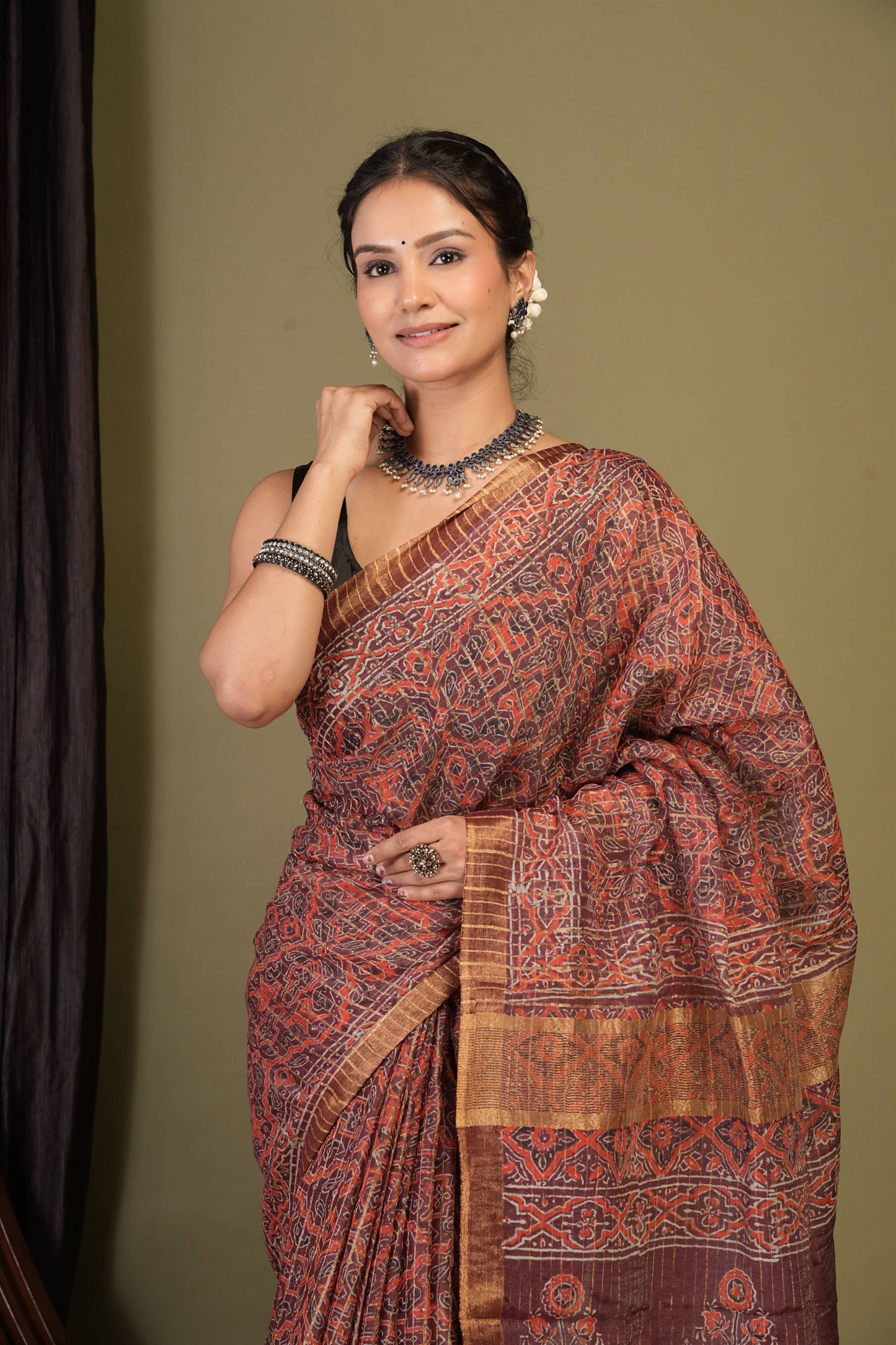 Anuttara Bhagalpuri Maroon Cotton Silk (Art Silk) Ajrakh Saree with Unstitched Blouse_AFS1457-FS