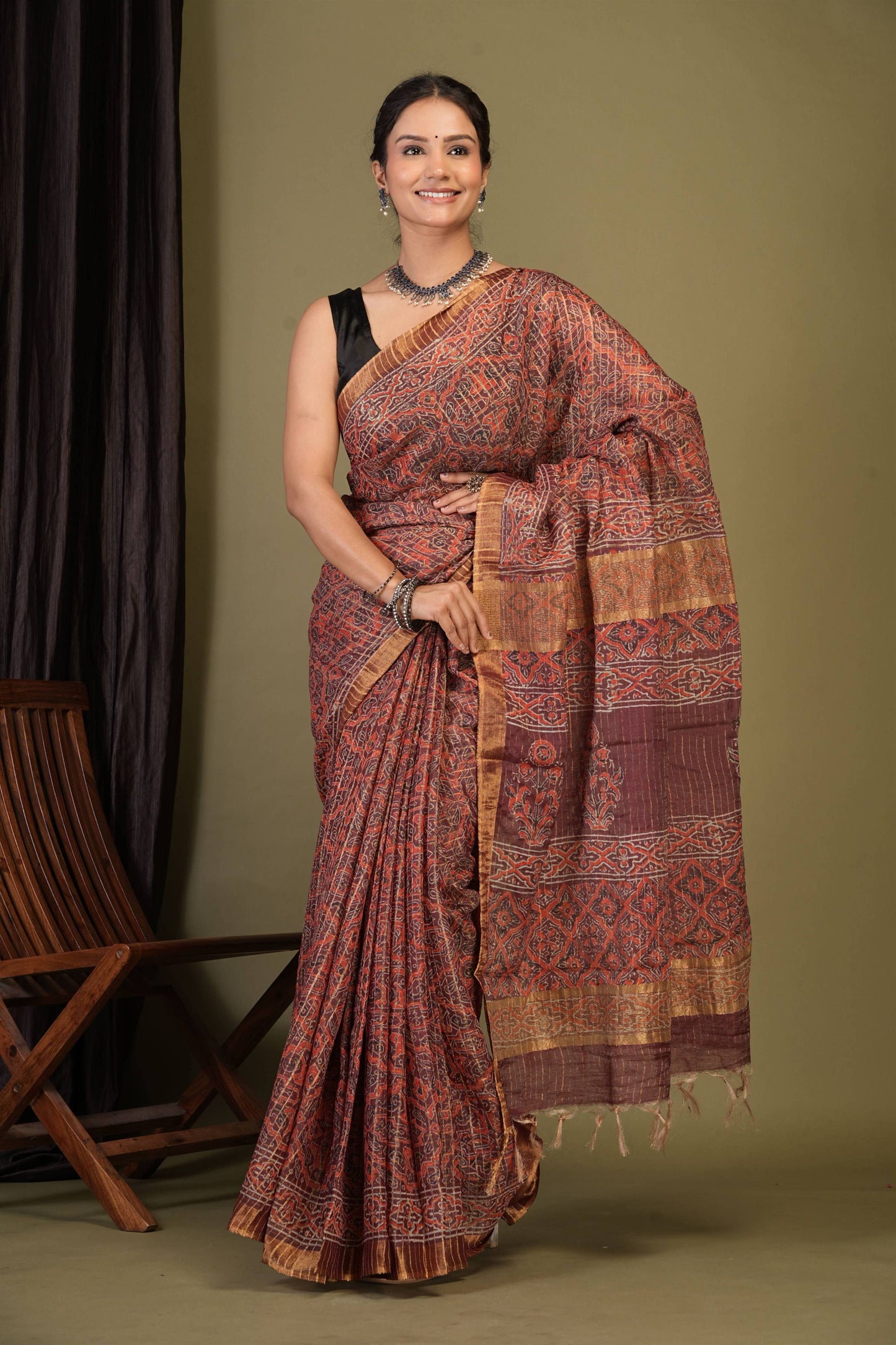 Anuttara Bhagalpuri Maroon Cotton Silk (Art Silk) Ajrakh Saree with Unstitched Blouse_AFS1457-FS