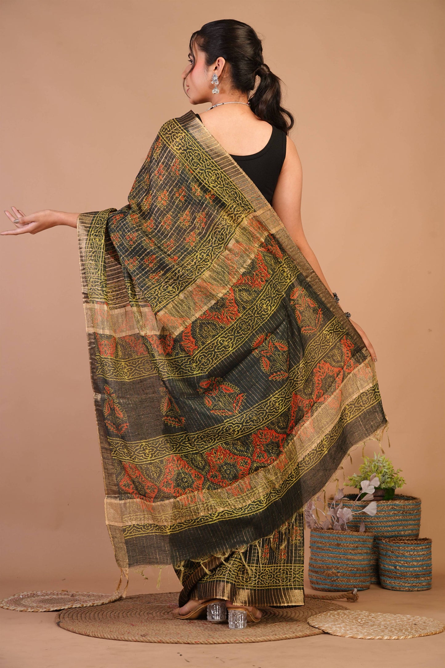 Anuttara Bhagalpuri Rama Green Cotton Silk (Art Silk) Ajrakh Saree with Unstitched Blouse_AFS1458-FS