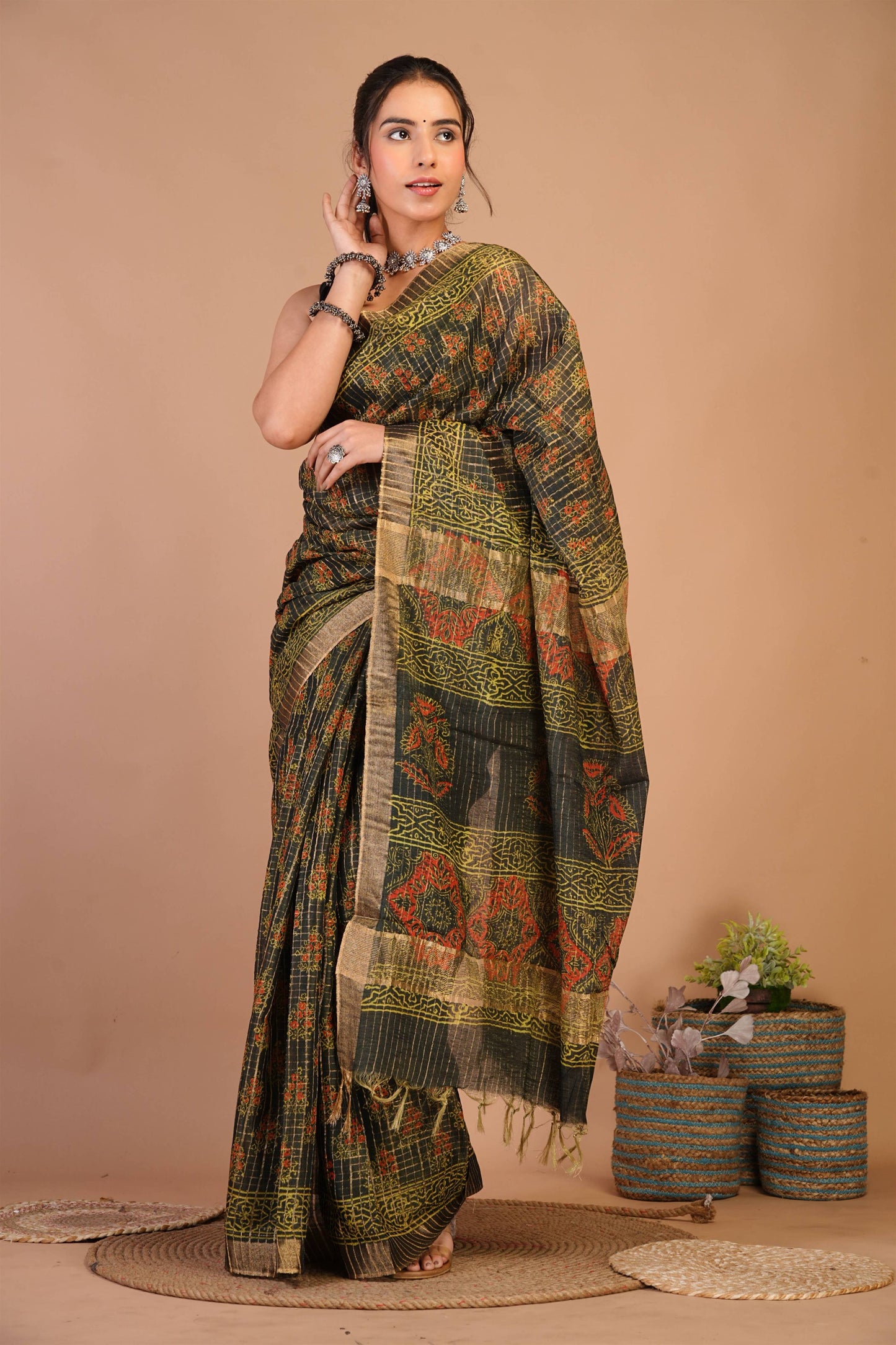 Anuttara Bhagalpuri Rama Green Cotton Silk (Art Silk) Ajrakh Saree with Unstitched Blouse_AFS1458-FS