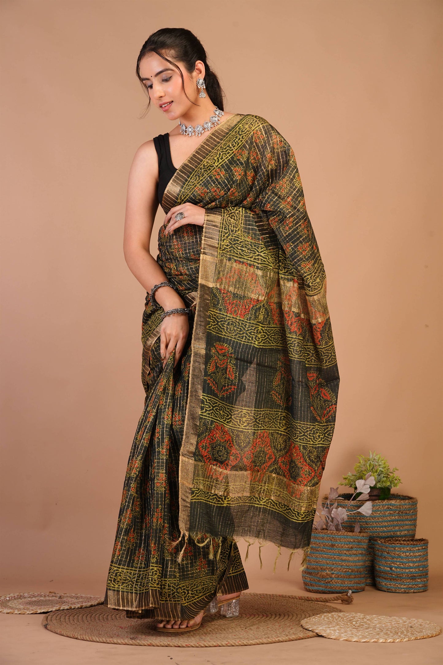 Anuttara Bhagalpuri Rama Green Cotton Silk (Art Silk) Ajrakh Saree with Unstitched Blouse_AFS1458-FS