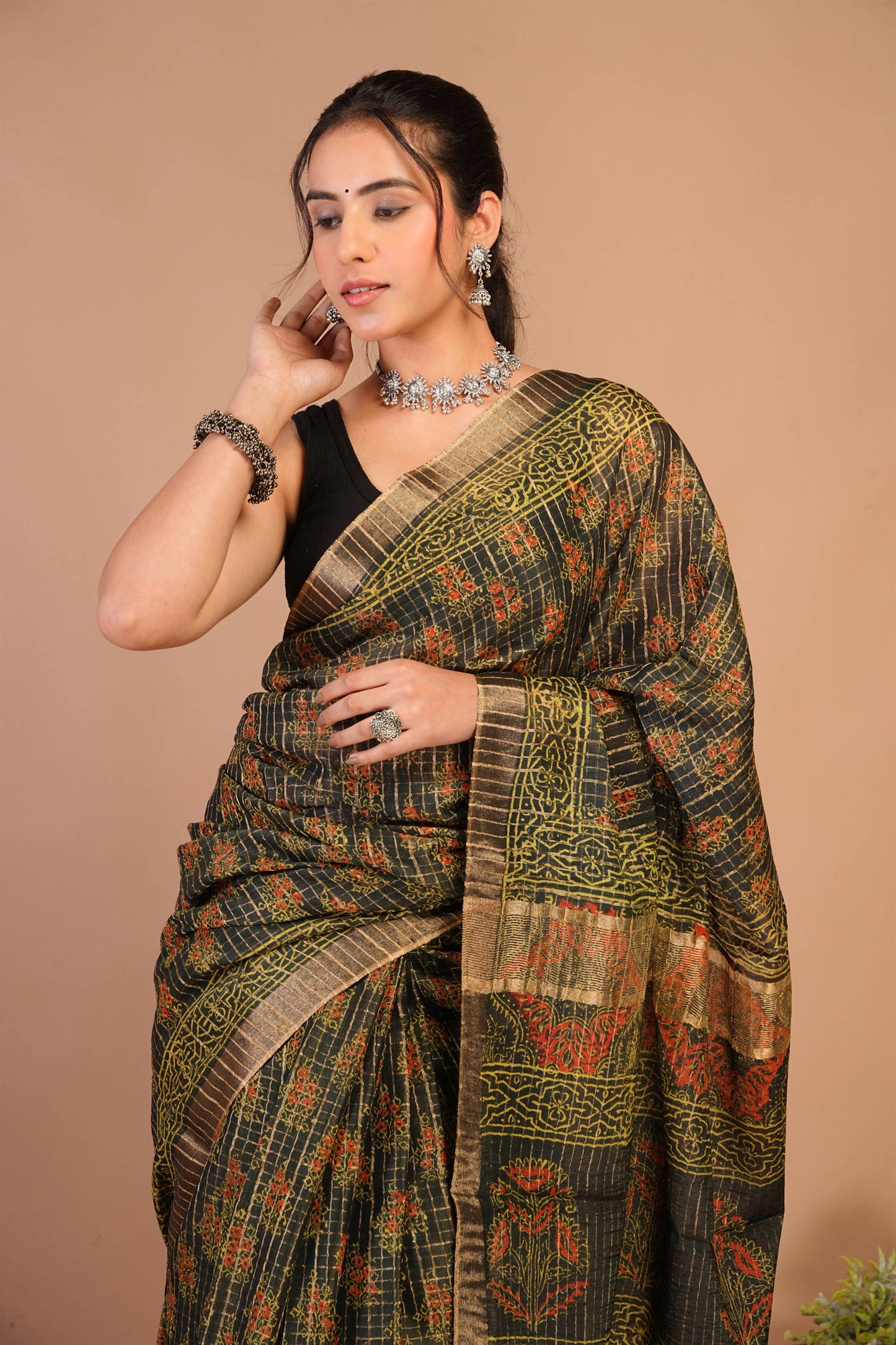 Anuttara Bhagalpuri Rama Green Cotton Silk (Art Silk) Ajrakh Saree with Unstitched Blouse_AFS1458-FS