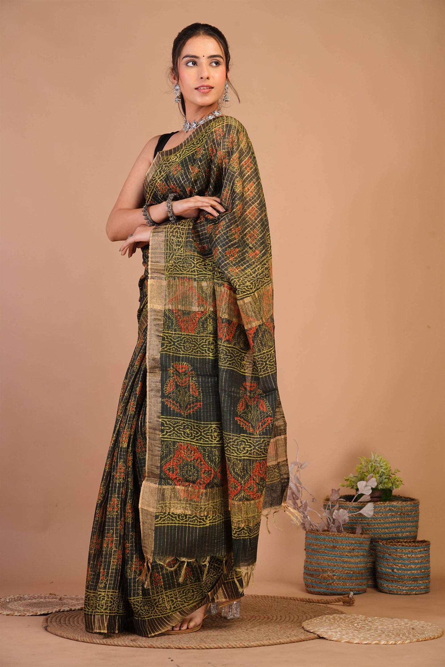 Anuttara Bhagalpuri Rama Green Cotton Silk (Art Silk) Ajrakh Saree with Unstitched Blouse_AFS1458-FS
