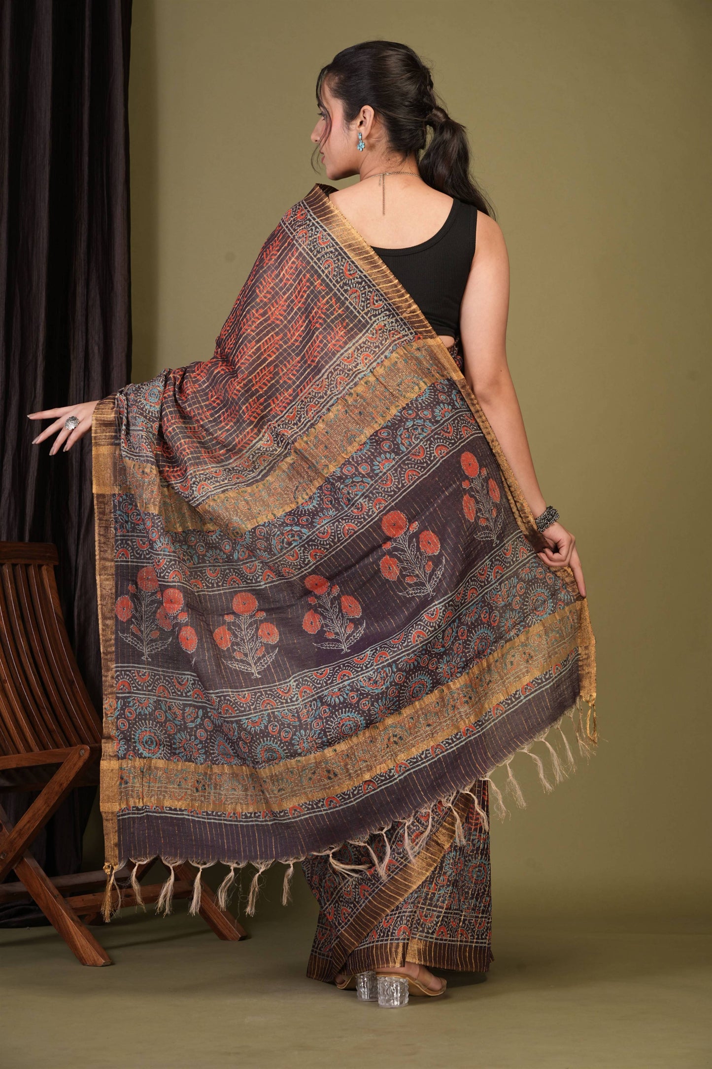 Anuttara Bhagalpuri Purple Cotton Silk (Art Silk) Ajrakh Saree with Unstitched Blouse_AFS1459-FS