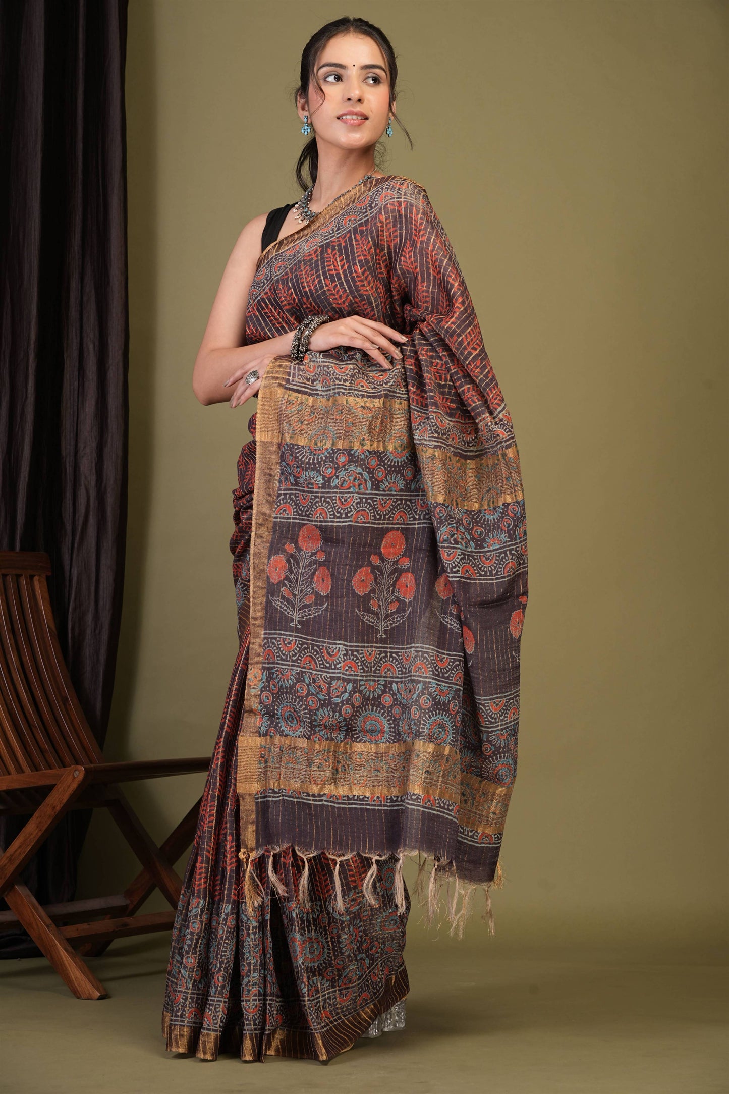 Anuttara Bhagalpuri Purple Cotton Silk (Art Silk) Ajrakh Saree with Unstitched Blouse_AFS1459-FS