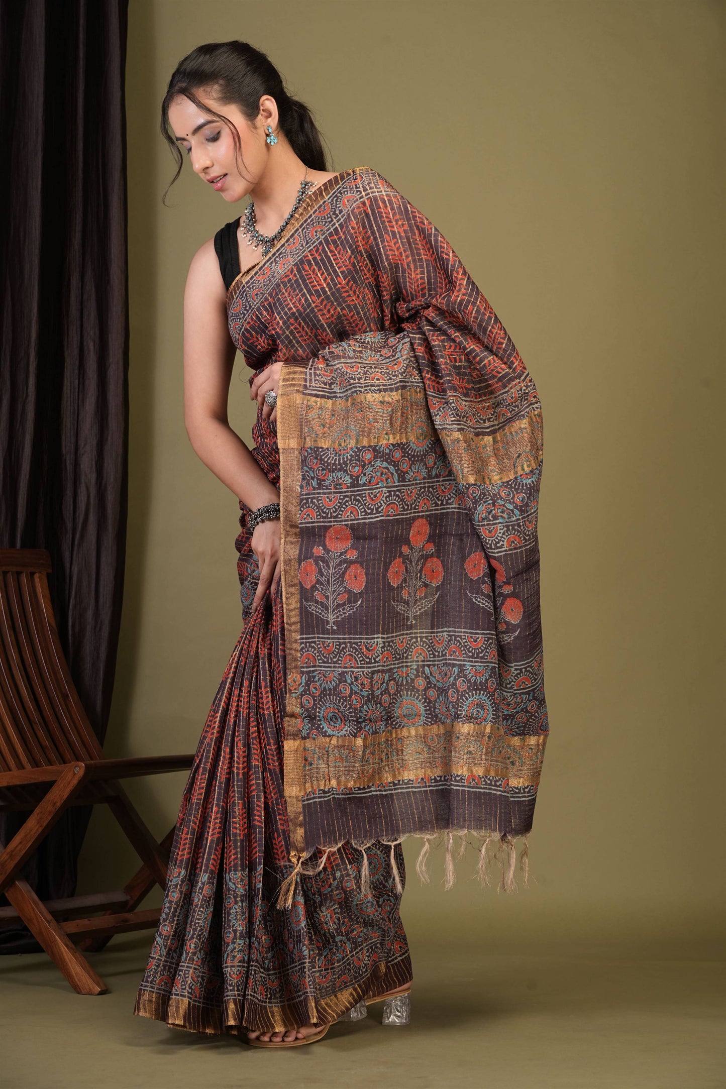 Anuttara Bhagalpuri Purple Cotton Silk (Art Silk) Ajrakh Saree with Unstitched Blouse_AFS1459-FS