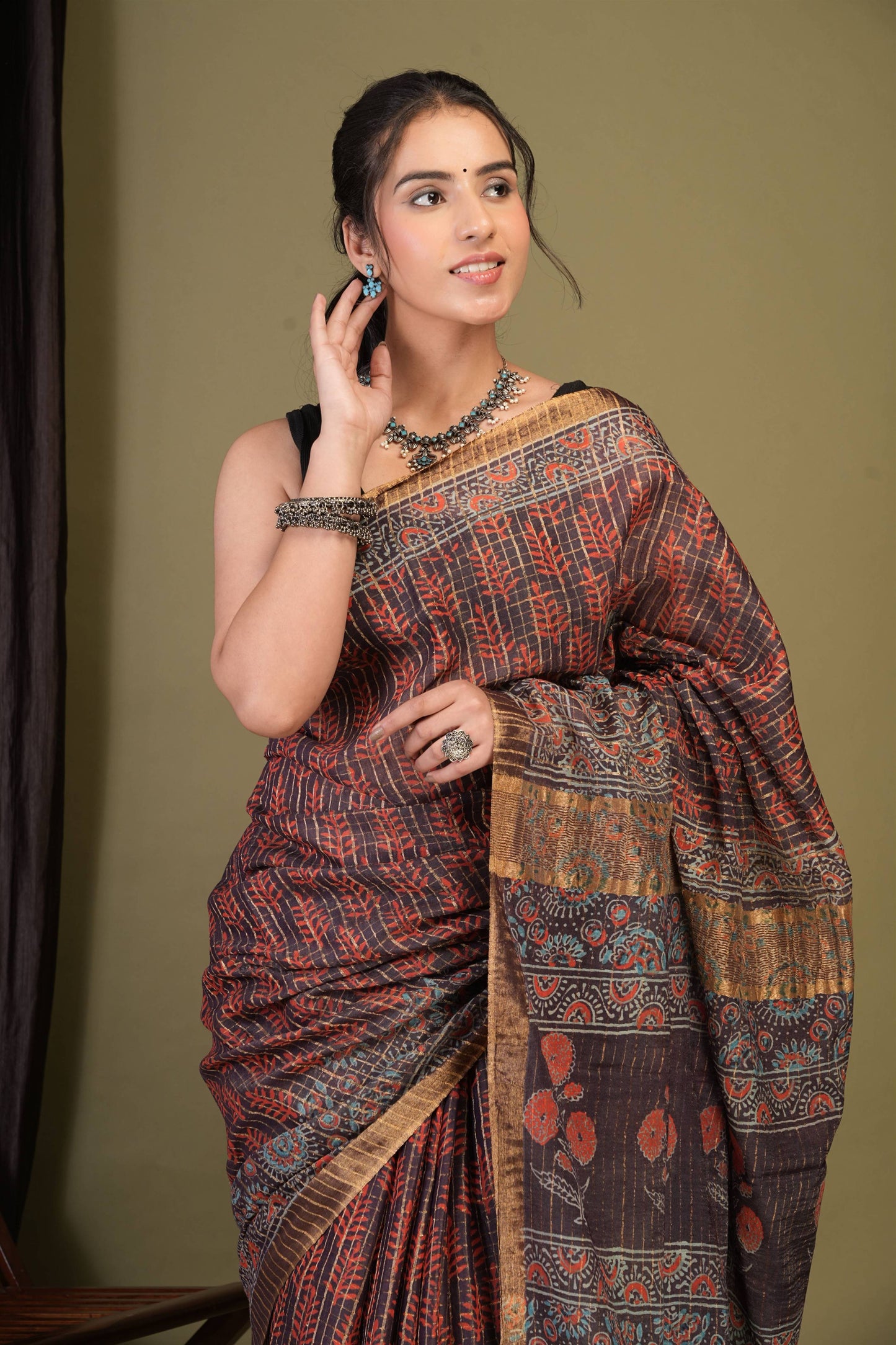 Anuttara Bhagalpuri Purple Cotton Silk (Art Silk) Ajrakh Saree with Unstitched Blouse_AFS1459-FS