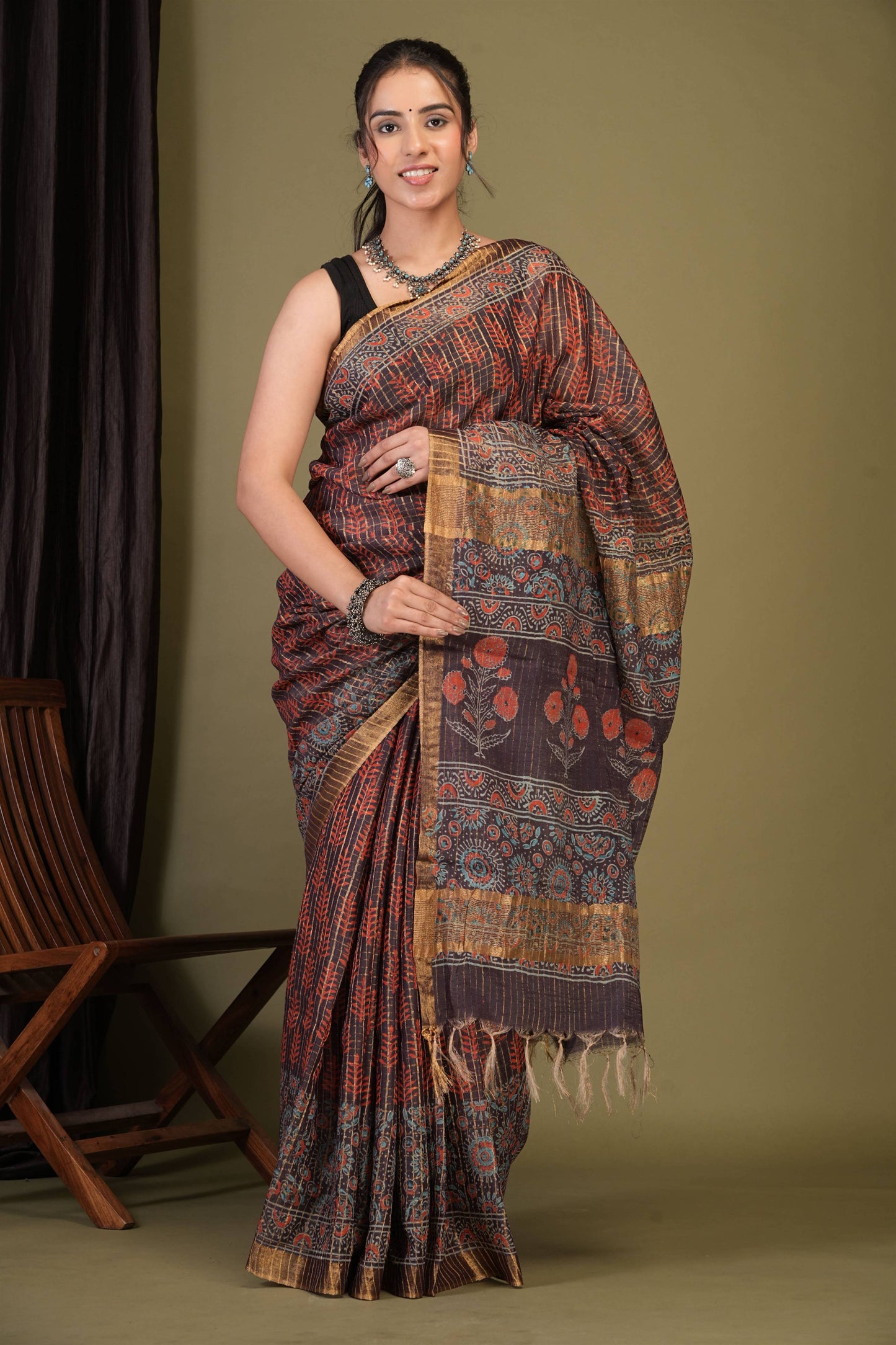 Anuttara Bhagalpuri Purple Cotton Silk (Art Silk) Ajrakh Saree with Unstitched Blouse_AFS1459-FS