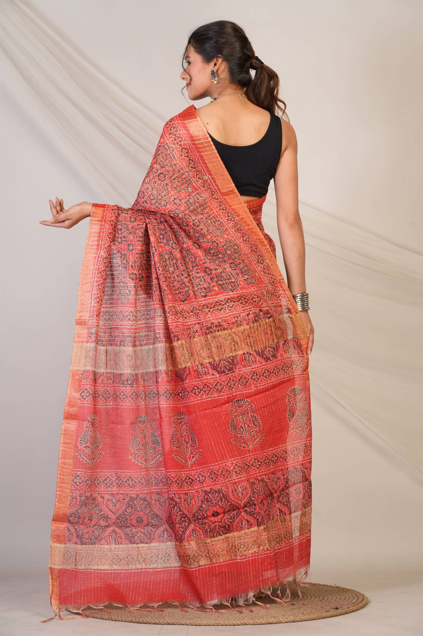 Anuttara Bhagalpuri Red Cotton Silk (Art Silk) Ajrakh Saree with Unstitched Blouse_AFS1460-FS