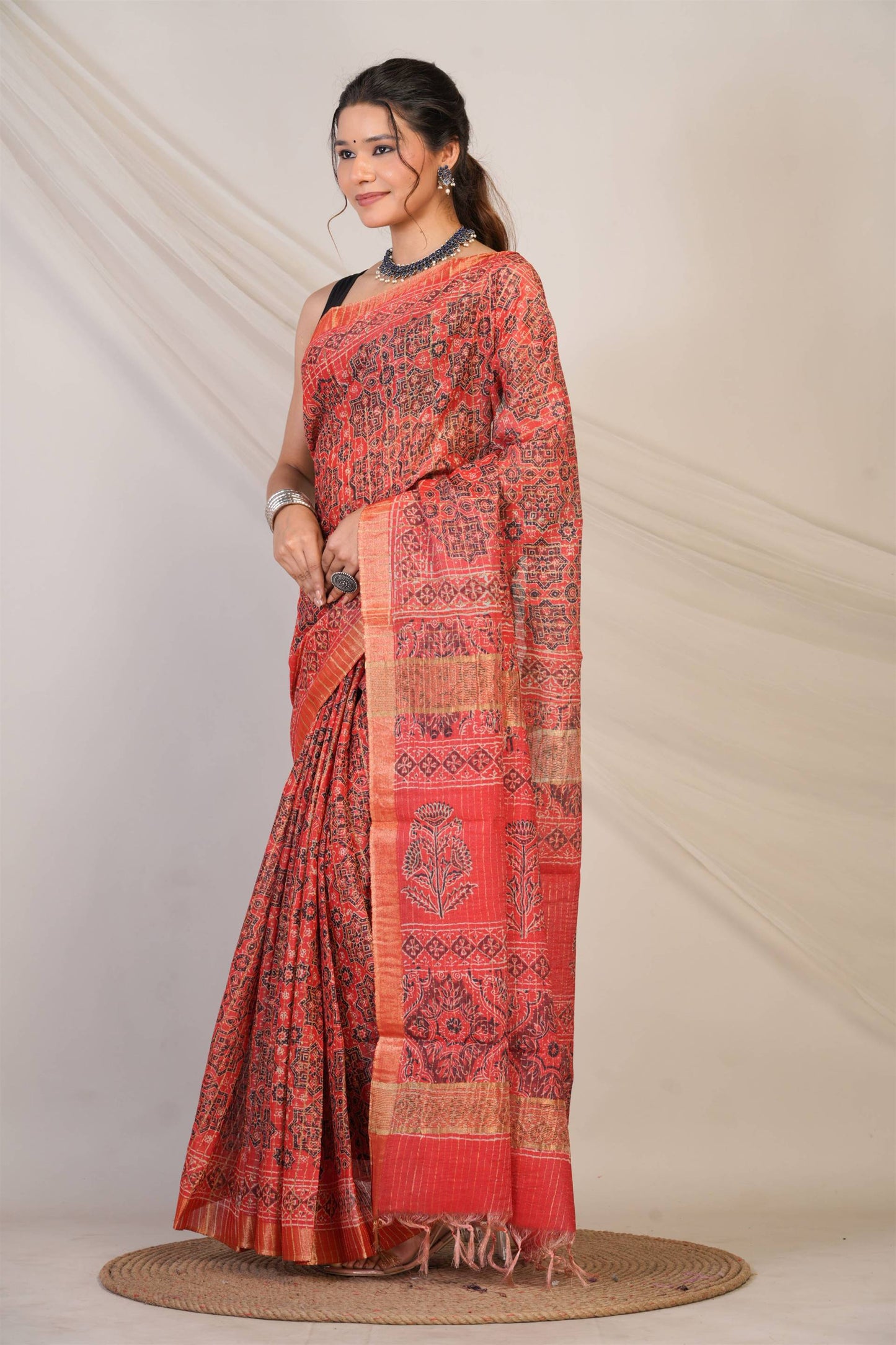 Anuttara Bhagalpuri Red Cotton Silk (Art Silk) Ajrakh Saree with Unstitched Blouse_AFS1460-FS