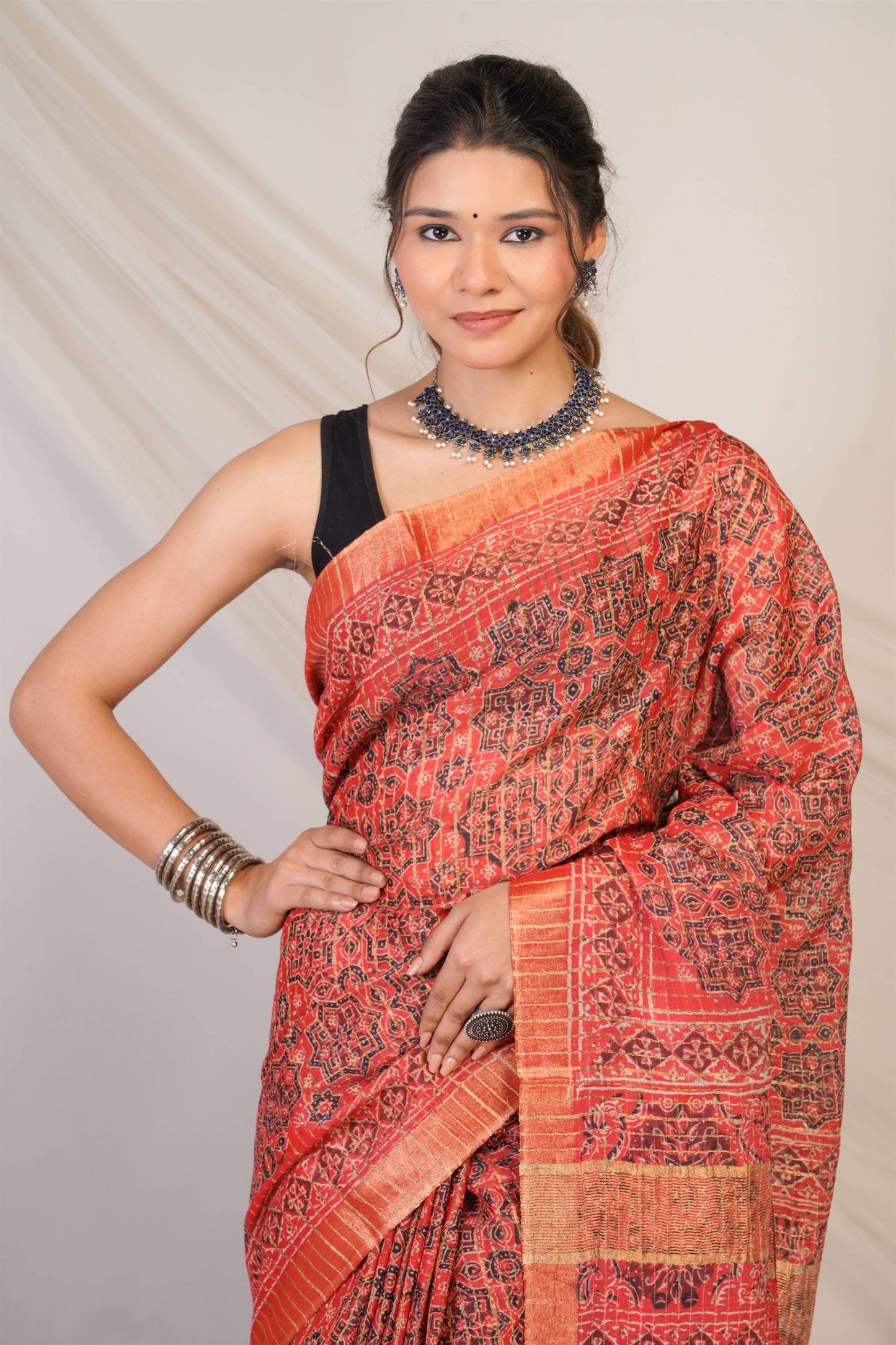 Anuttara Bhagalpuri Red Cotton Silk (Art Silk) Ajrakh Saree with Unstitched Blouse_AFS1460-FS