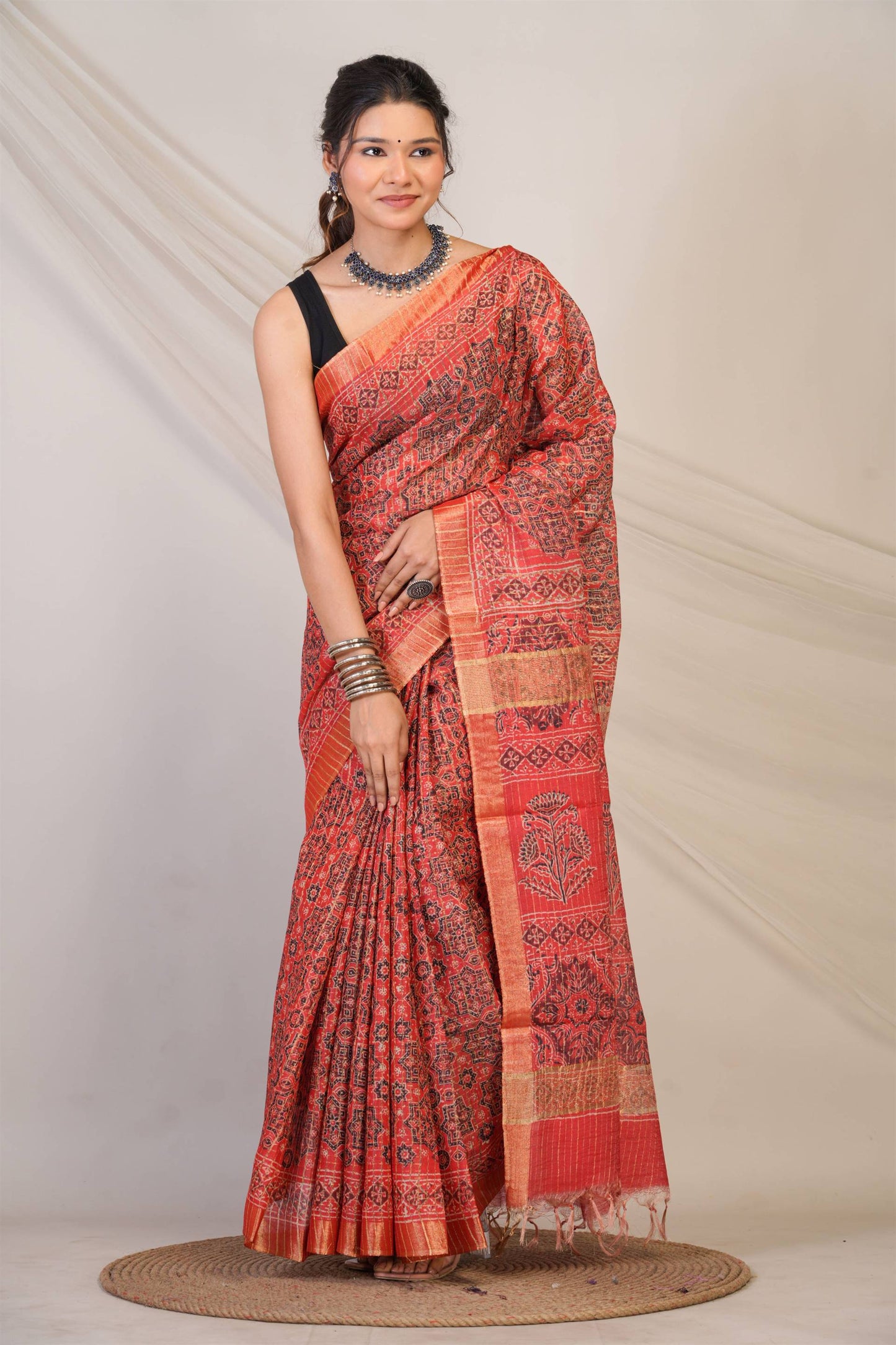 Anuttara Bhagalpuri Red Cotton Silk (Art Silk) Ajrakh Saree with Unstitched Blouse_AFS1460-FS