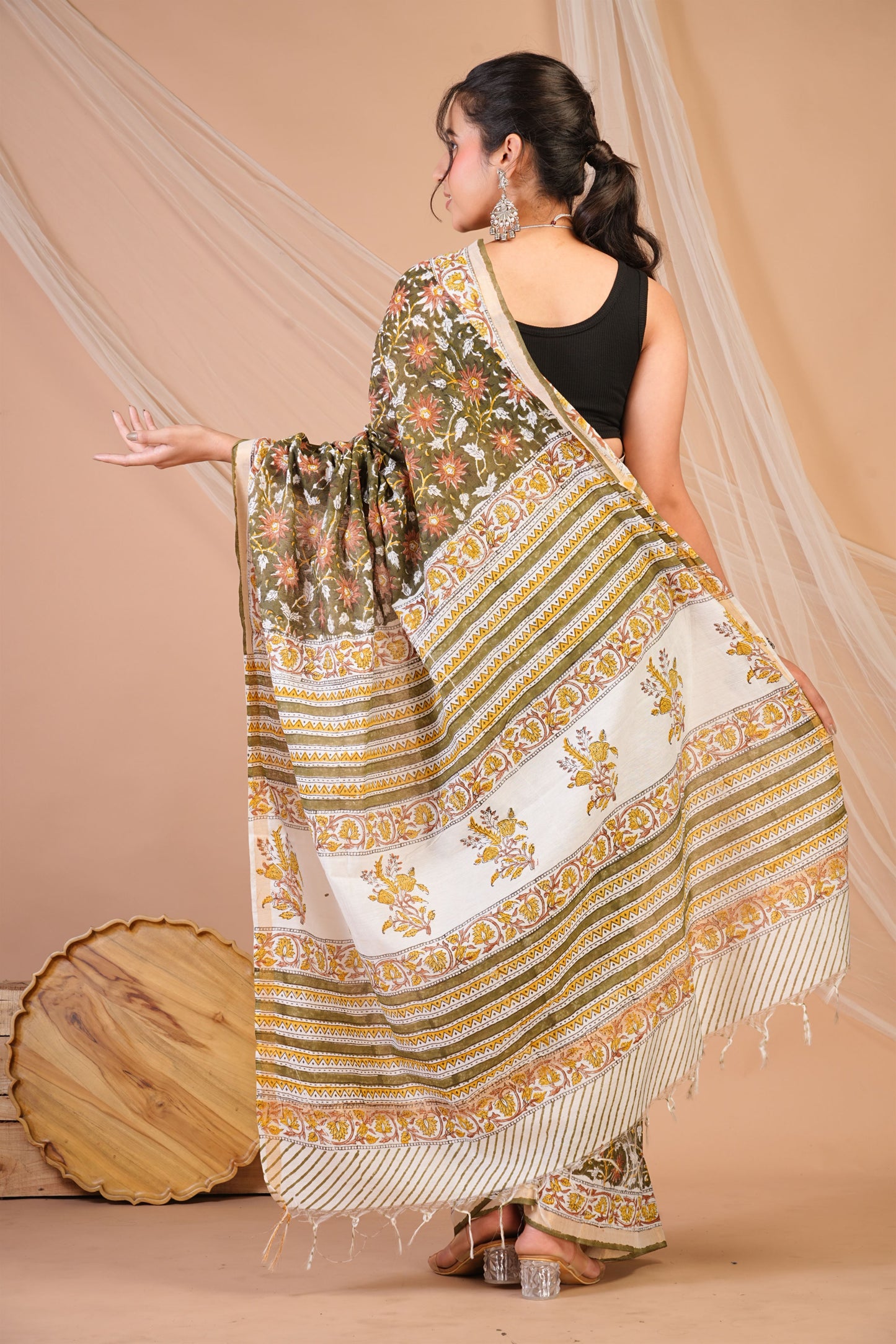 Anuttara Bhagalpuri Olive Green Cotton Silk Floral Saree with Unstitched Blouse_AFS1462-FS