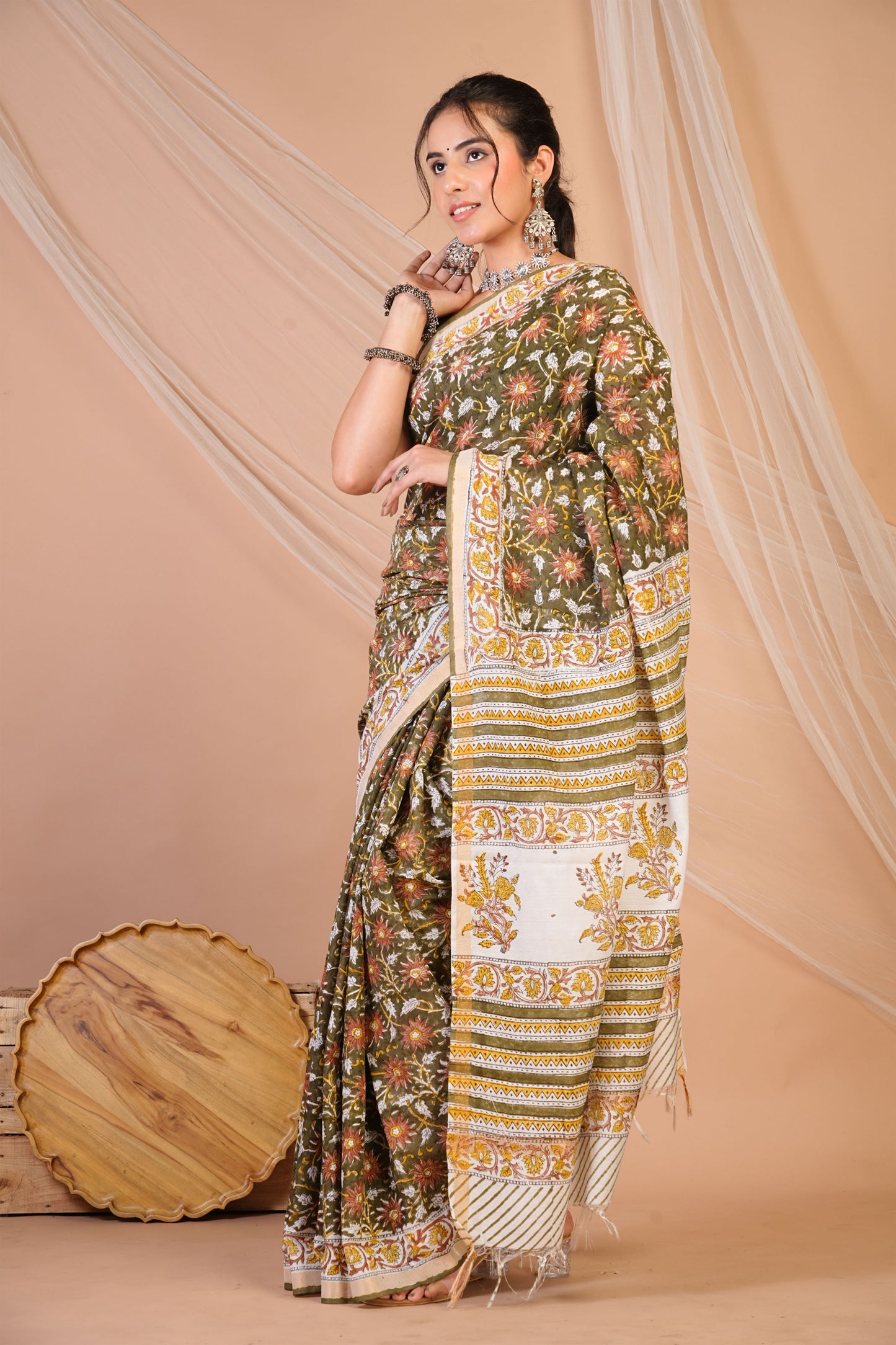 Anuttara Bhagalpuri Olive Green Cotton Silk Floral Saree with Unstitched Blouse_AFS1462-FS